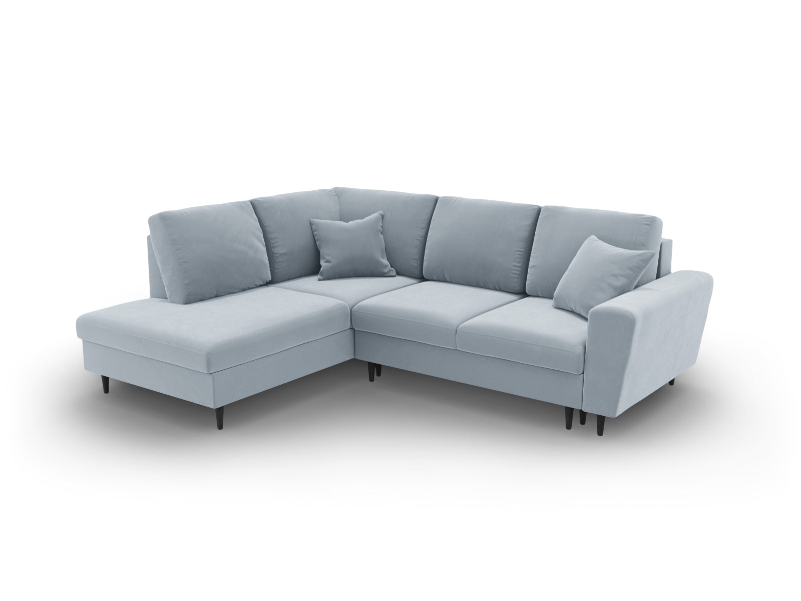 Elegantes Kyoto Velour Ecksofa links in zartem Hellblau, 5-Sitzer mit praktischer Schlaffunktion und integriertem Stauraum, perfekt für stilvolle Wohnzimmer.