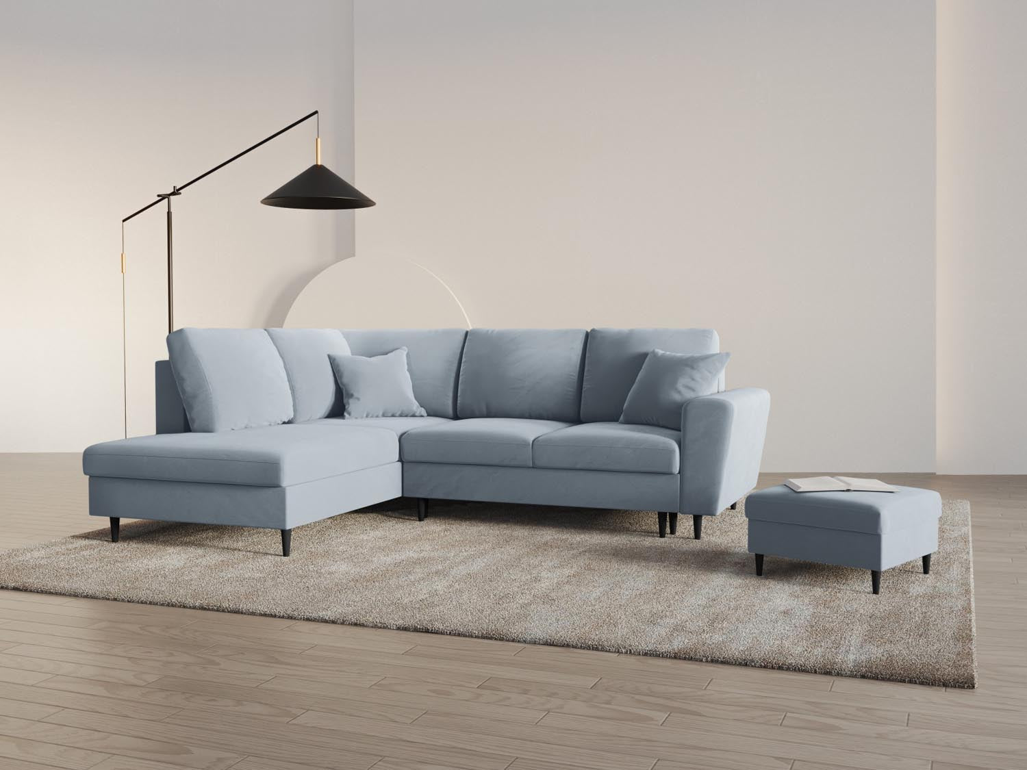 Stylisches Kyoto Velour Ecksofa links in sanftem Light Blue, 5-Sitzer mit Schlaffunktion und Stauraum, ideal für moderne Wohnräume.