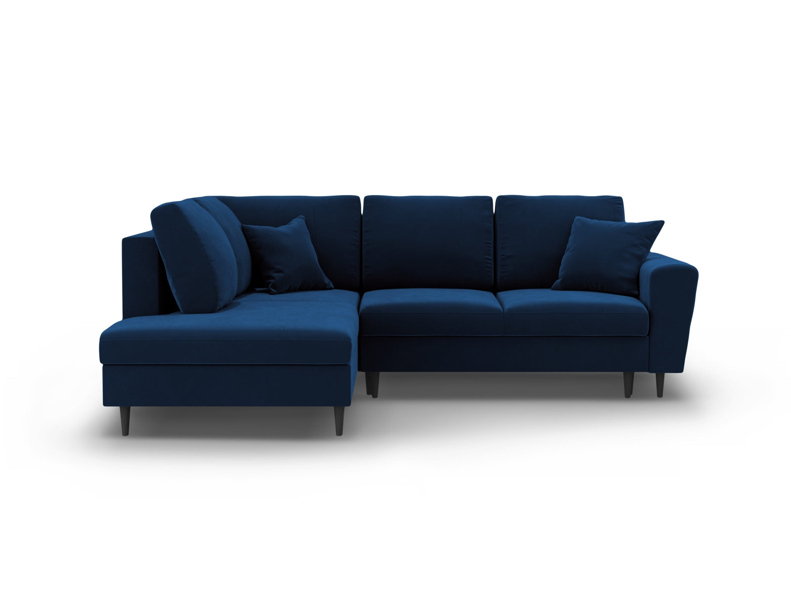 Kyoto Velour Ecksofa links mit Schlaffunktion und Stauraumbox 5 Sitzer 194cm in Royal Blue/Schwarz Birke-Riviera präsentiert im Onlineshop von KAQTU Design AG. Bettsofa links ist von Cosmopolitan Design