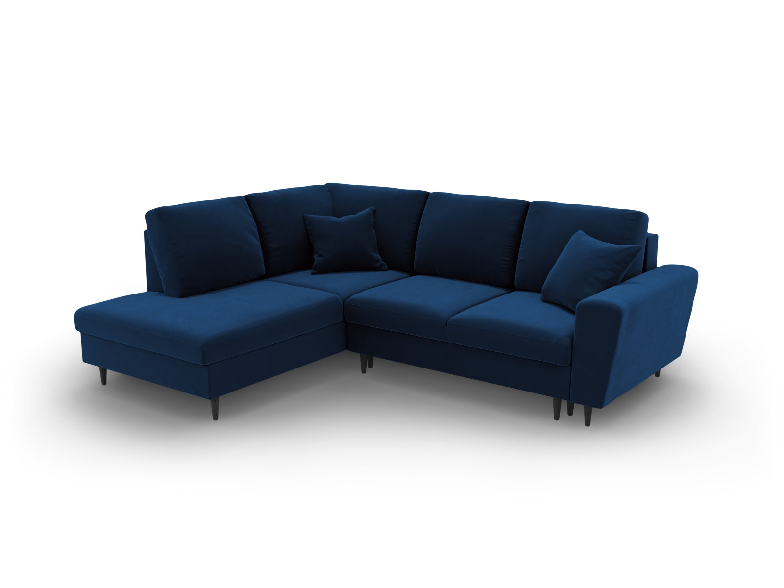 Modernes Kyoto Velour Ecksofa in Royal Blue, 5-Sitzer mit praktischer Schlaffunktion und Stauraum, perfekt für gemütliche Abende.
