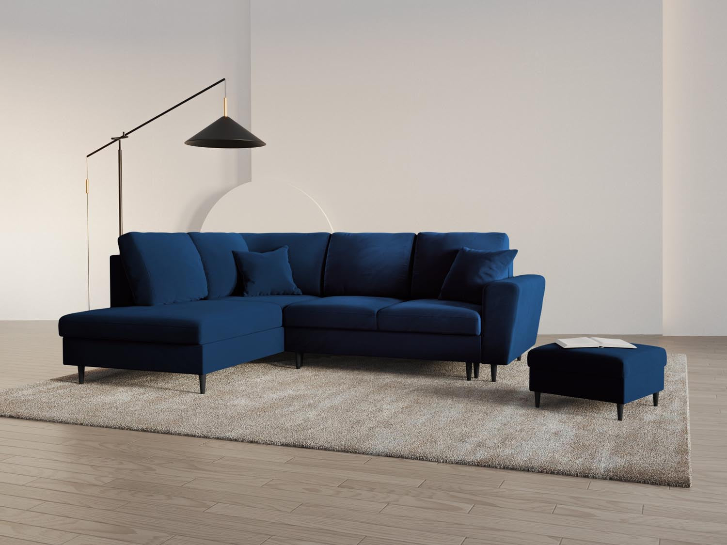 Elegantes Kyoto Velour Ecksofa in Royal Blue mit Schlaffunktion und Stauraum, ideal für stilvolle Wohnräume.