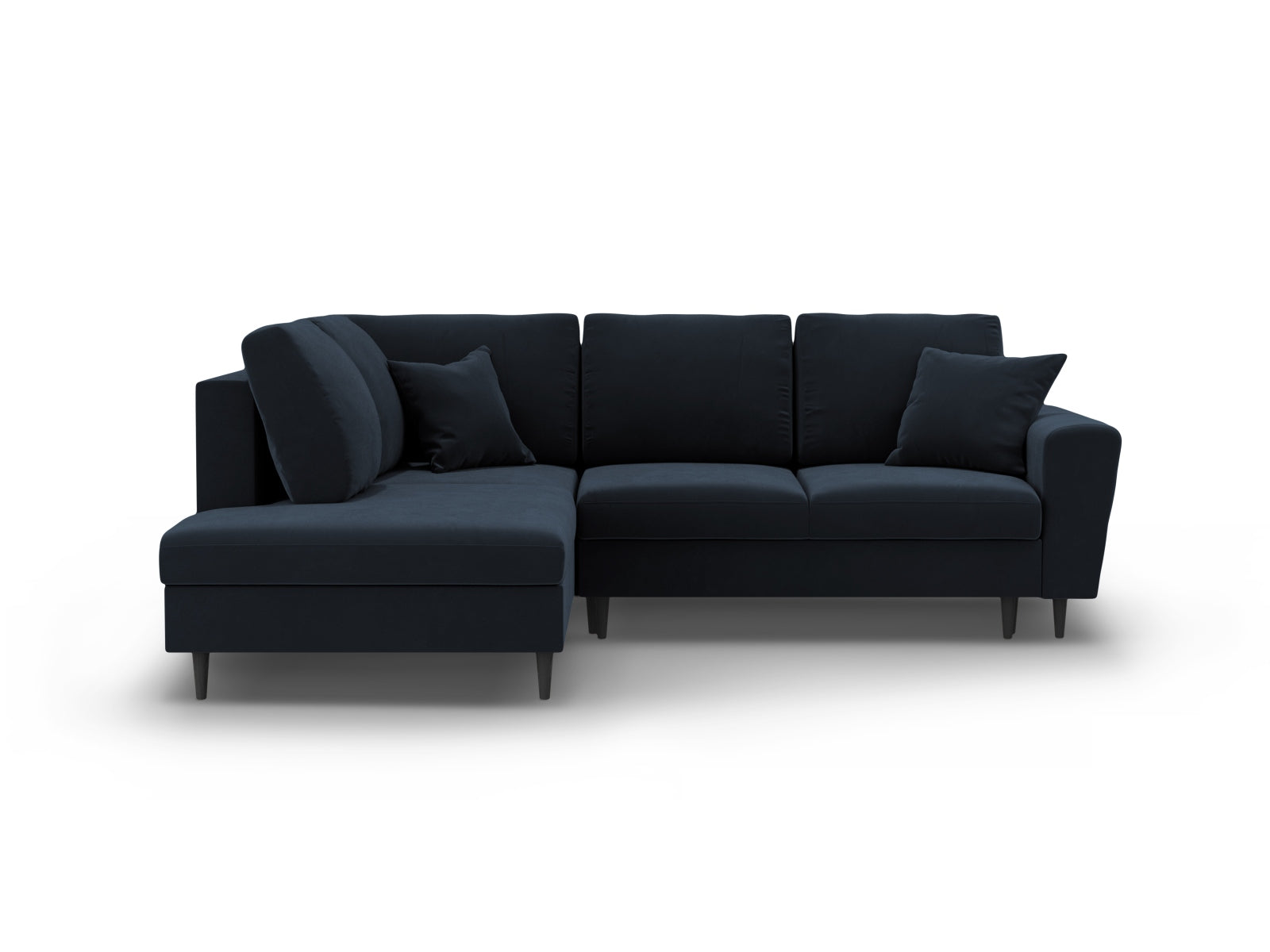 Kyoto Velour Ecksofa links mit Schlaffunktion und Stauraumbox 5 Sitzer 194cm in Dark Blue/Schwarz Birke-Riviera präsentiert im Onlineshop von KAQTU Design AG. Bettsofa links ist von Cosmopolitan Design