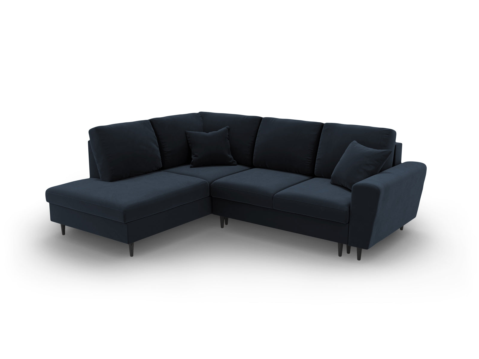 Modernes Kyoto Velour Ecksofa in Dunkelblau, 5-Sitzer mit praktischer Schlaffunktion und Stauraum, perfekt für gemütliche Abende.