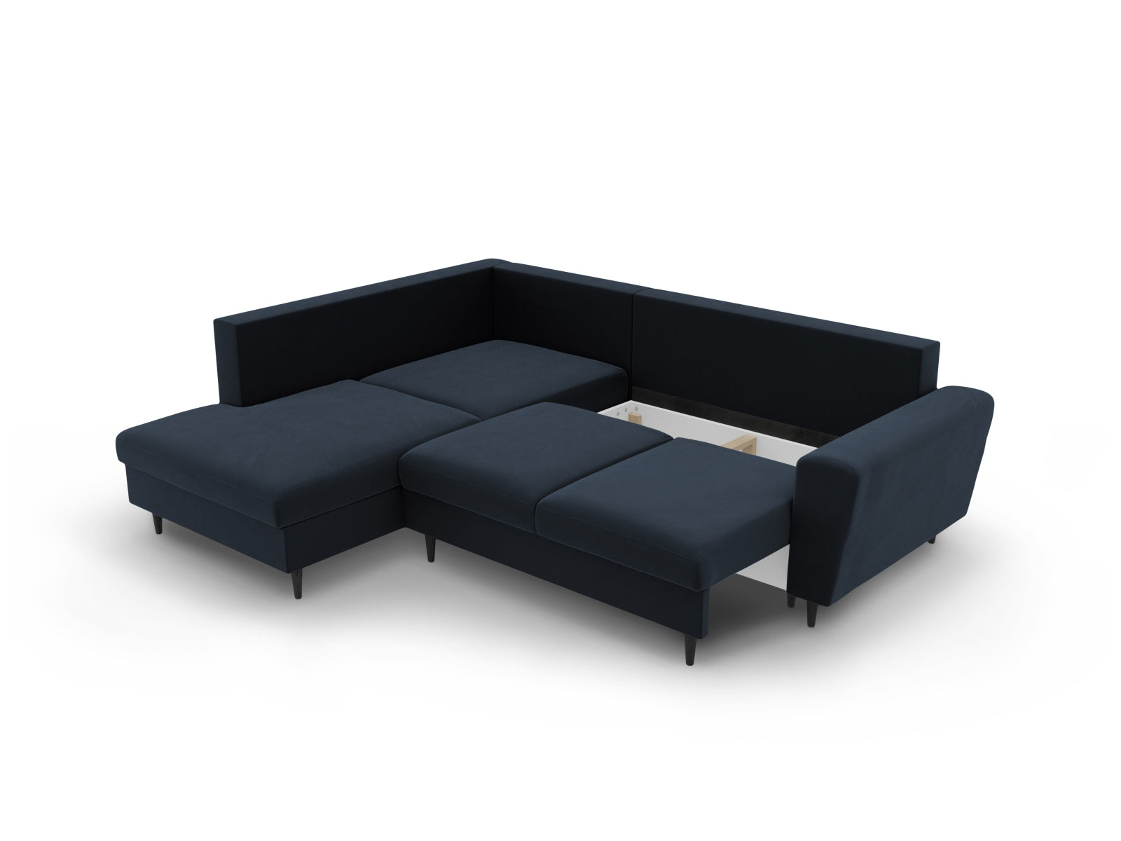 Stylisches Kyoto Velour Ecksofa in Dunkelblau, linksseitig, 5-Sitzer mit Schlaffunktion und Stauraum für zusätzlichen Komfort.