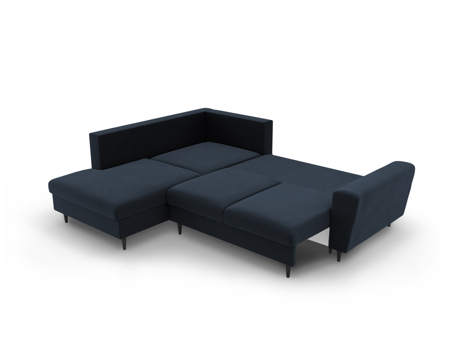 Elegantes Kyoto Velour Ecksofa in tiefem Blau, linksseitig, 5-Sitzer mit praktischer Schlaffunktion und integriertem Stauraum.