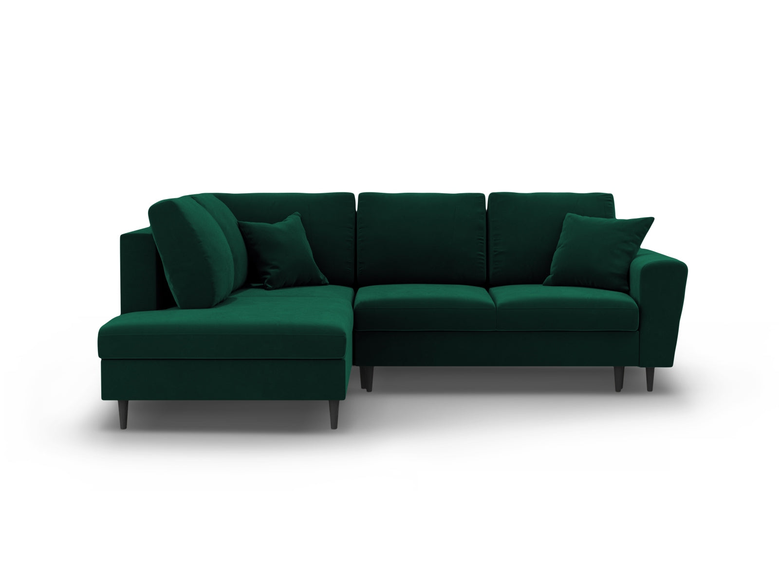 Kyoto Velour Ecksofa links mit Schlaffunktion und Stauraumbox 5 Sitzer 194cm in Bottle Green/Schwarz Birke-Riviera präsentiert im Onlineshop von KAQTU Design AG. Bettsofa links ist von Cosmopolitan Design