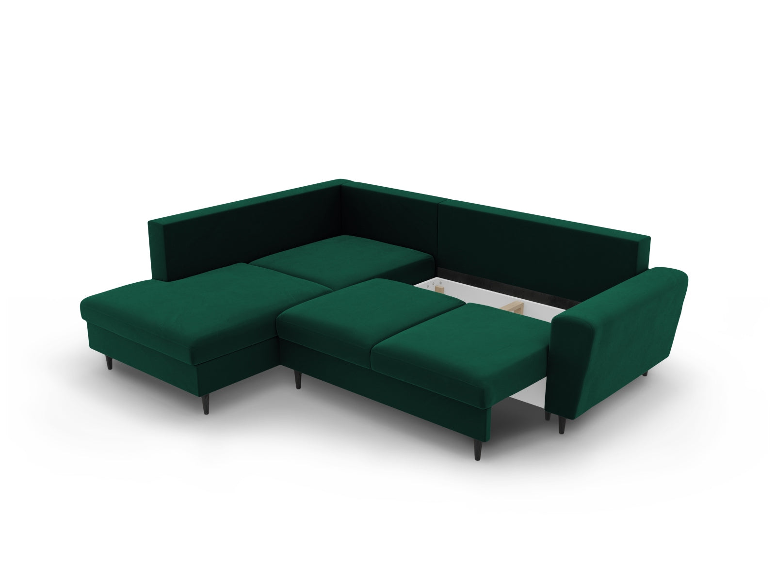 Elegantes Kyoto Velour Ecksofa in tiefem Grün, 5-Sitzer mit Schlafoption und Stauraum, ideal für stilvolle Wohnräume.