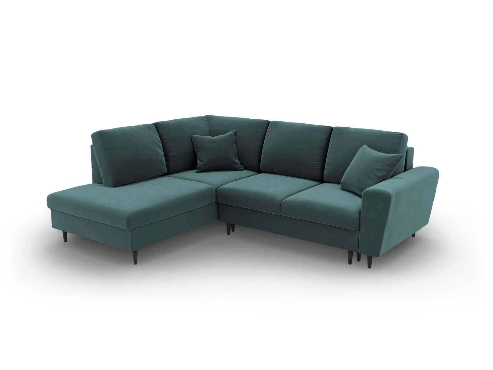 Elegantes Kyoto Velour Ecksofa links in Petrol, 5-Sitzer mit praktischer Schlaffunktion und Stauraum, perfekt für stilvolle Wohnzimmer.