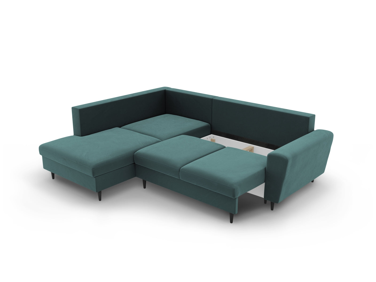Stylisches Kyoto Velour Ecksofa links in Petrol, 5-Sitzer mit Schlaffunktion und Stauraum, ideal für moderne Wohnräume.