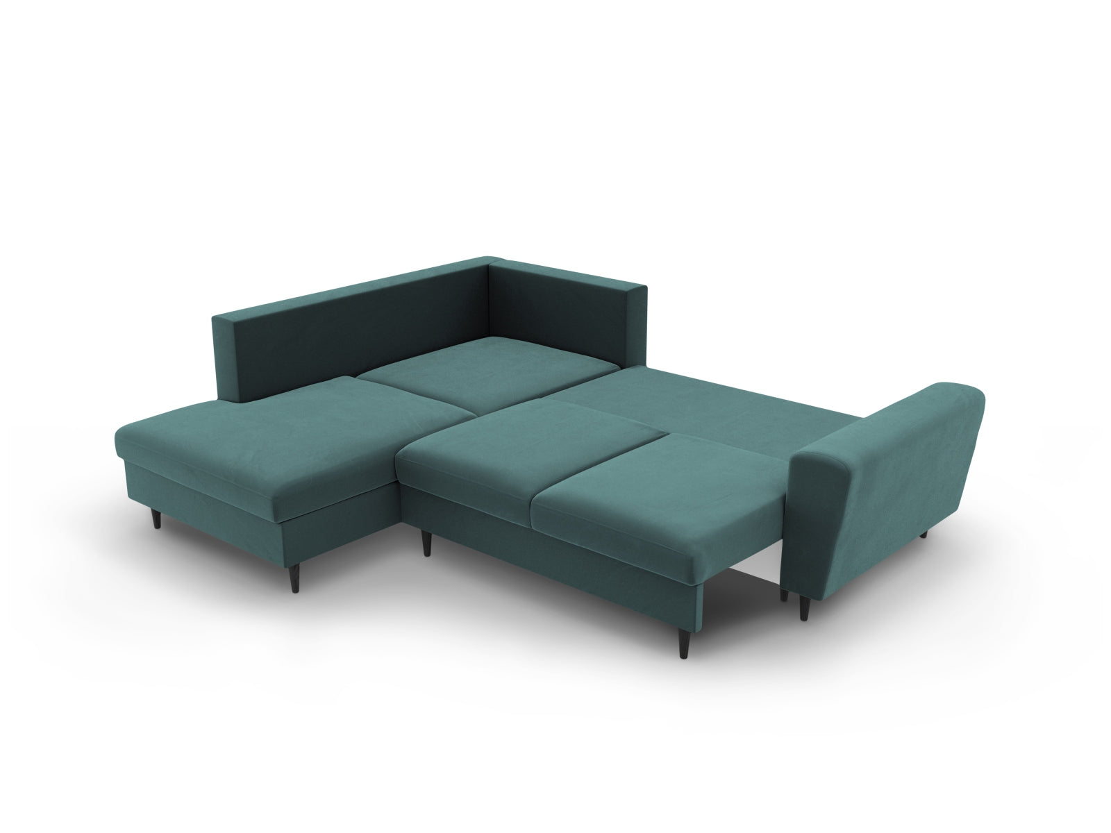 Elegantes Kyoto Velour Ecksofa links in Petrol, 5-Sitzer mit praktischer Schlaffunktion und Stauraum, perfekt für stilvolle Wohnzimmer.