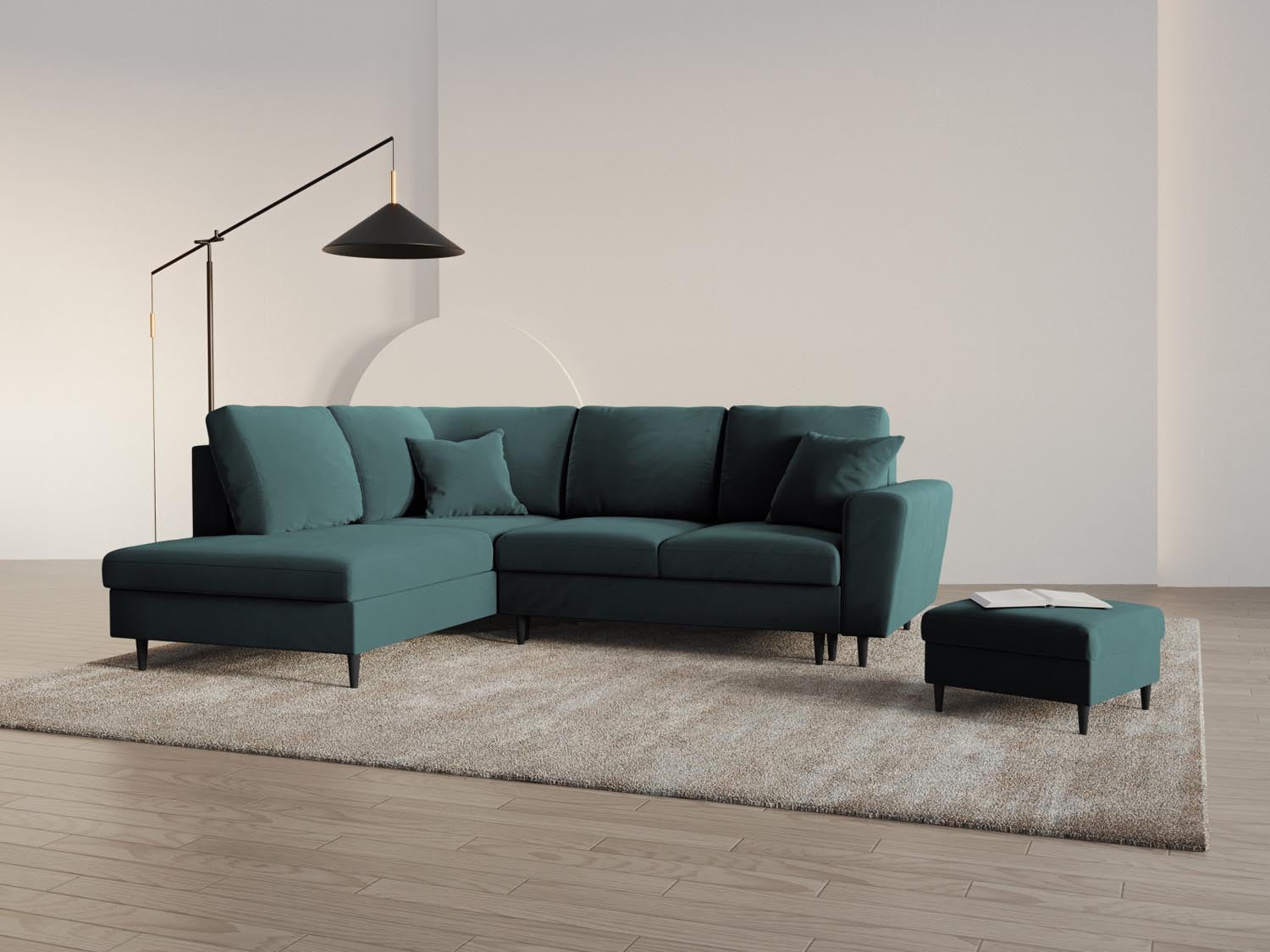 Stylisches Kyoto Velour Ecksofa links in Petrol mit Schlaffunktion und Stauraum, ideal für moderne Wohnräume und entspannte Nächte.