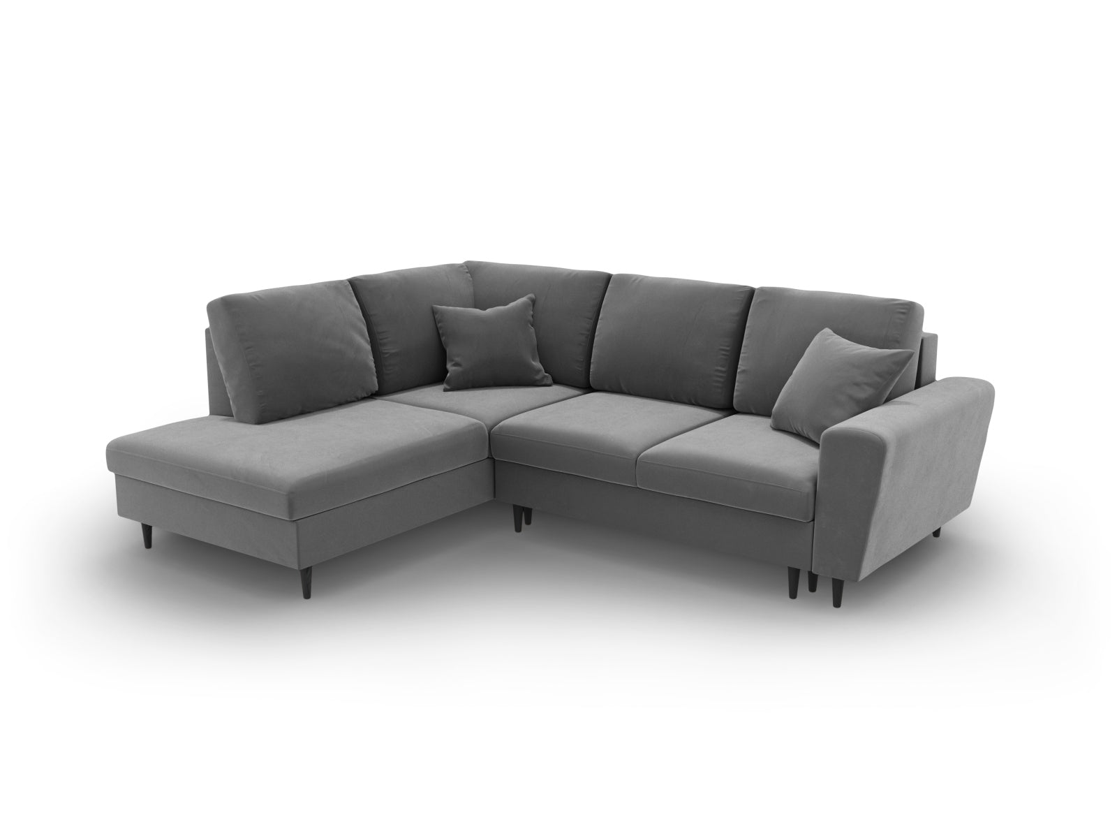 Elegantes Kyoto Velour Ecksofa links in Hellgrau und Schwarz, 5-Sitzer mit praktischer Schlaffunktion und Stauraum, perfekt für stilvolle Wohnzimmer.