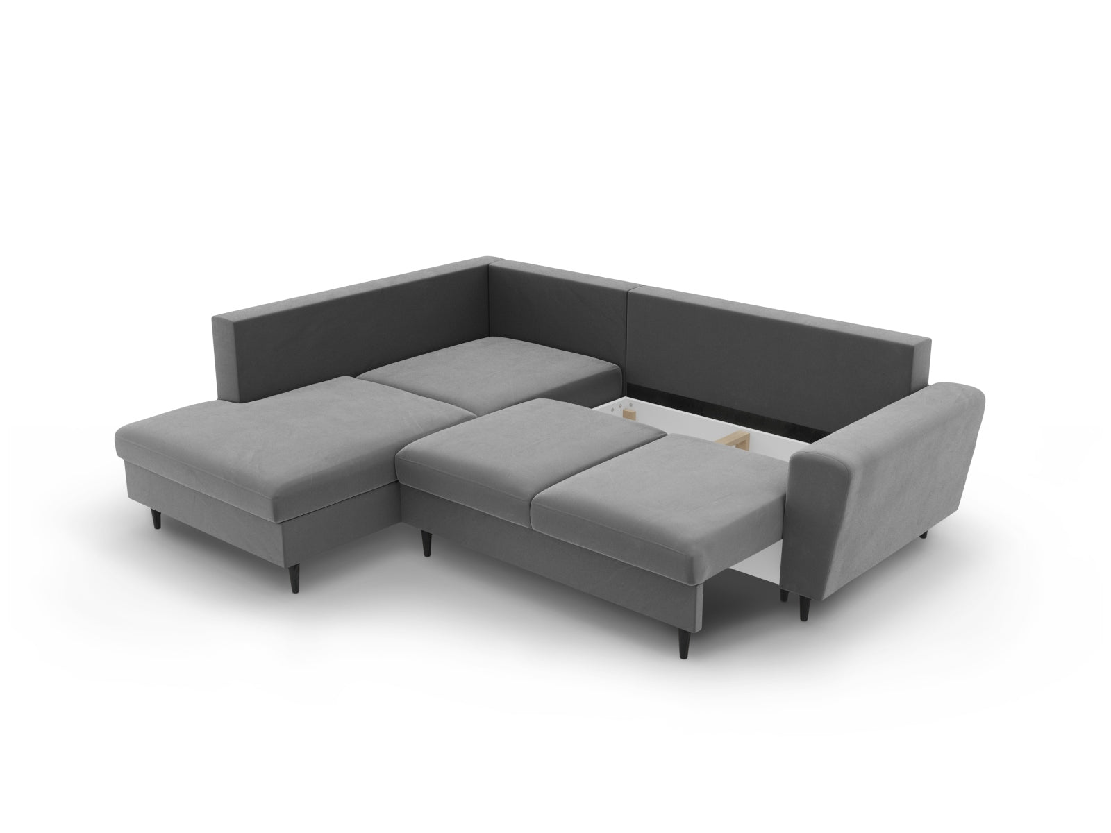 Modernes Kyoto Velour Ecksofa links in sanften Grautönen, 5-Sitzer mit Schlafoption und integriertem Stauraum, ideal für gemütliche Wohnräume.