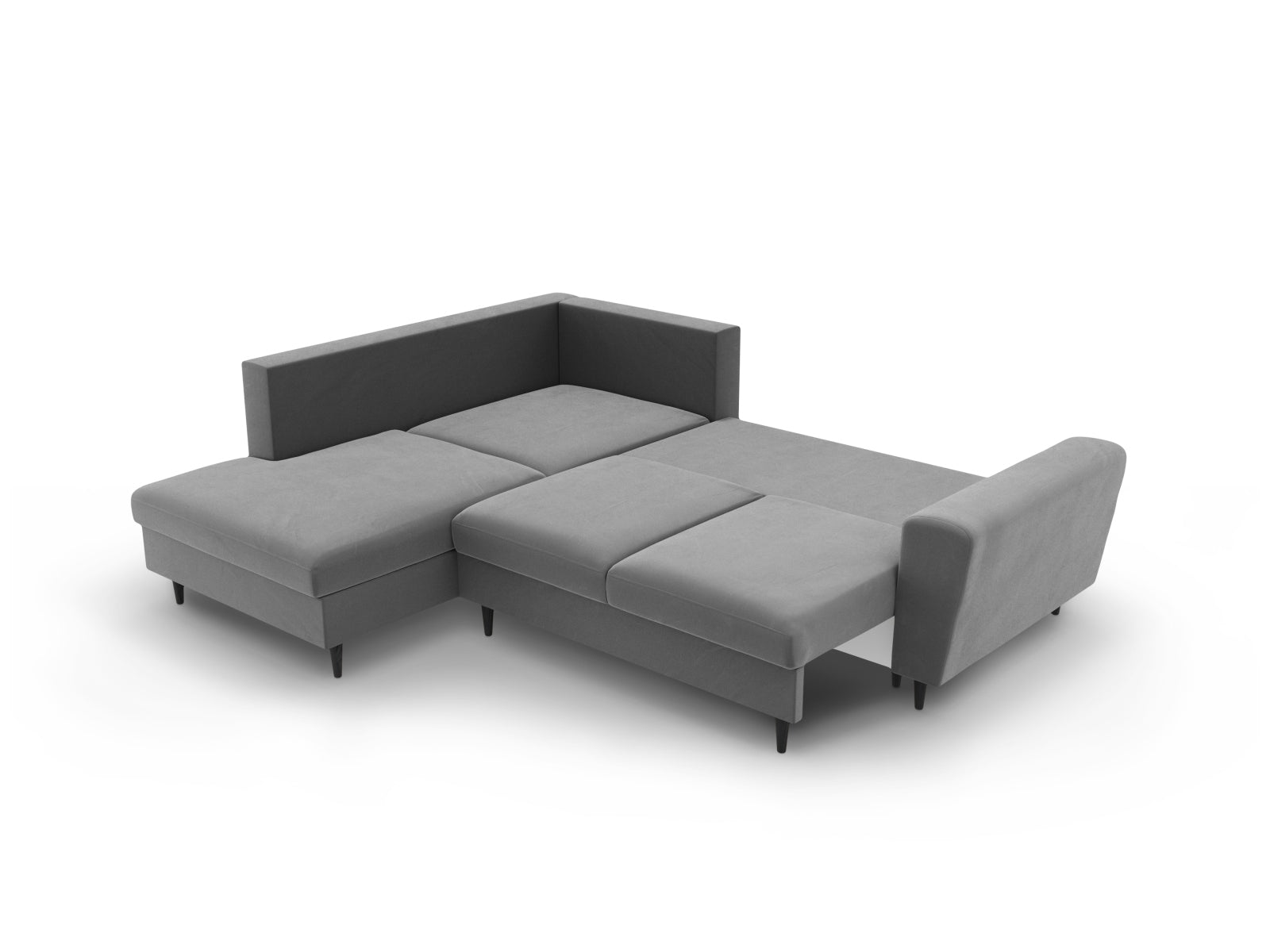 Stylisches Kyoto Velour Ecksofa links in eleganten Grautönen, 5-Sitzer mit praktischer Schlaffunktion und Stauraum, perfekt für entspannte Abende.