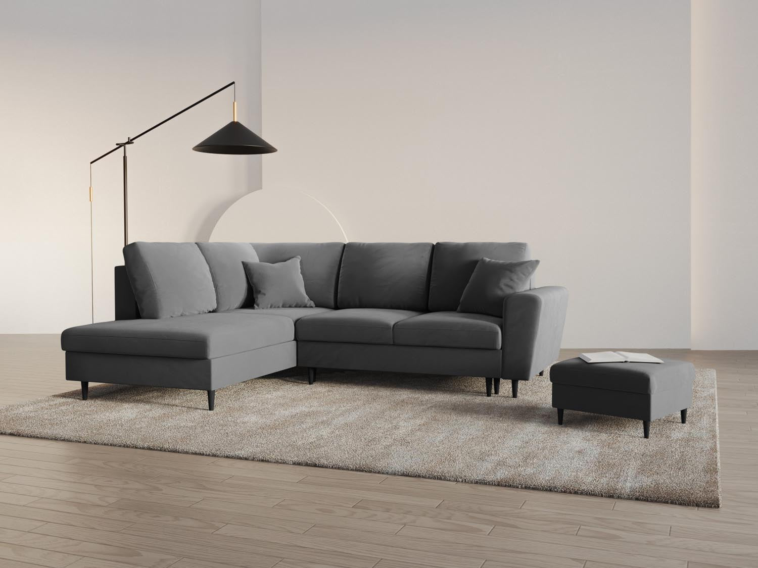 Erleben Sie das Kyoto Velour Ecksofa links: elegantes 5-Sitzer Sofa mit Schlaffunktion und Stauraum, ideal für modernes Wohnen!