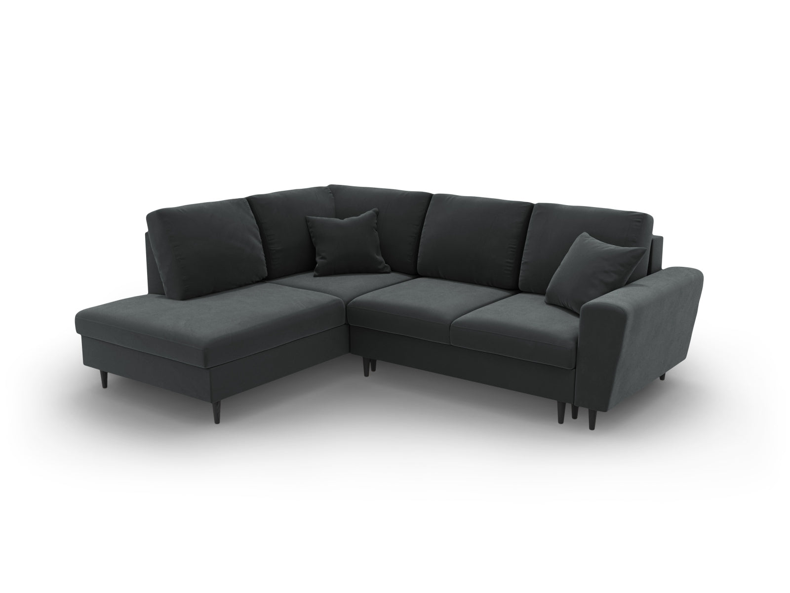 Elegantes 5-Sitzer Kyoto Velour Ecksofa links in Dunkelgrau, ausgestattet mit Schlaffunktion und praktischer Stauraumbox für zusätzlichen Komfort.