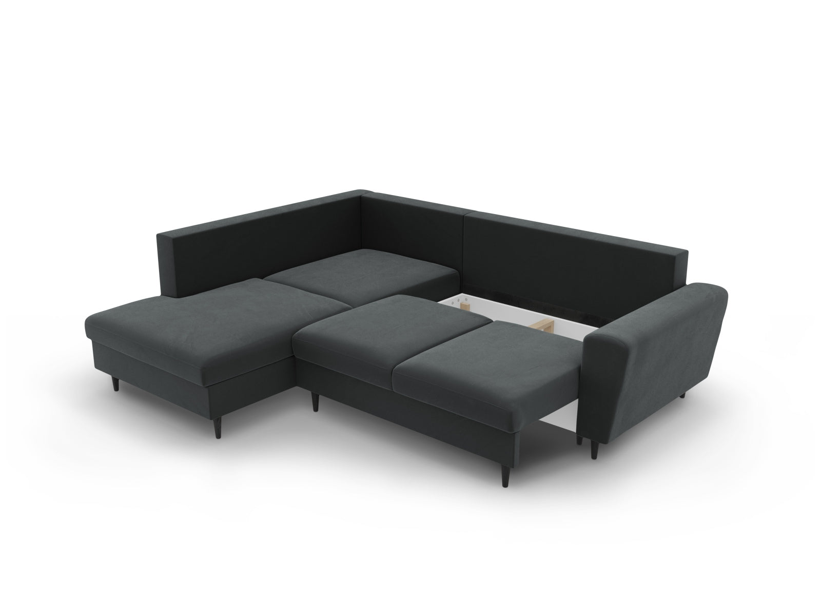 Stylisches Kyoto Velour Ecksofa links in Dunkelgrau, ideal für Wohnräume, bietet Schlaffunktion und Stauraum für mehr Flexibilität.
