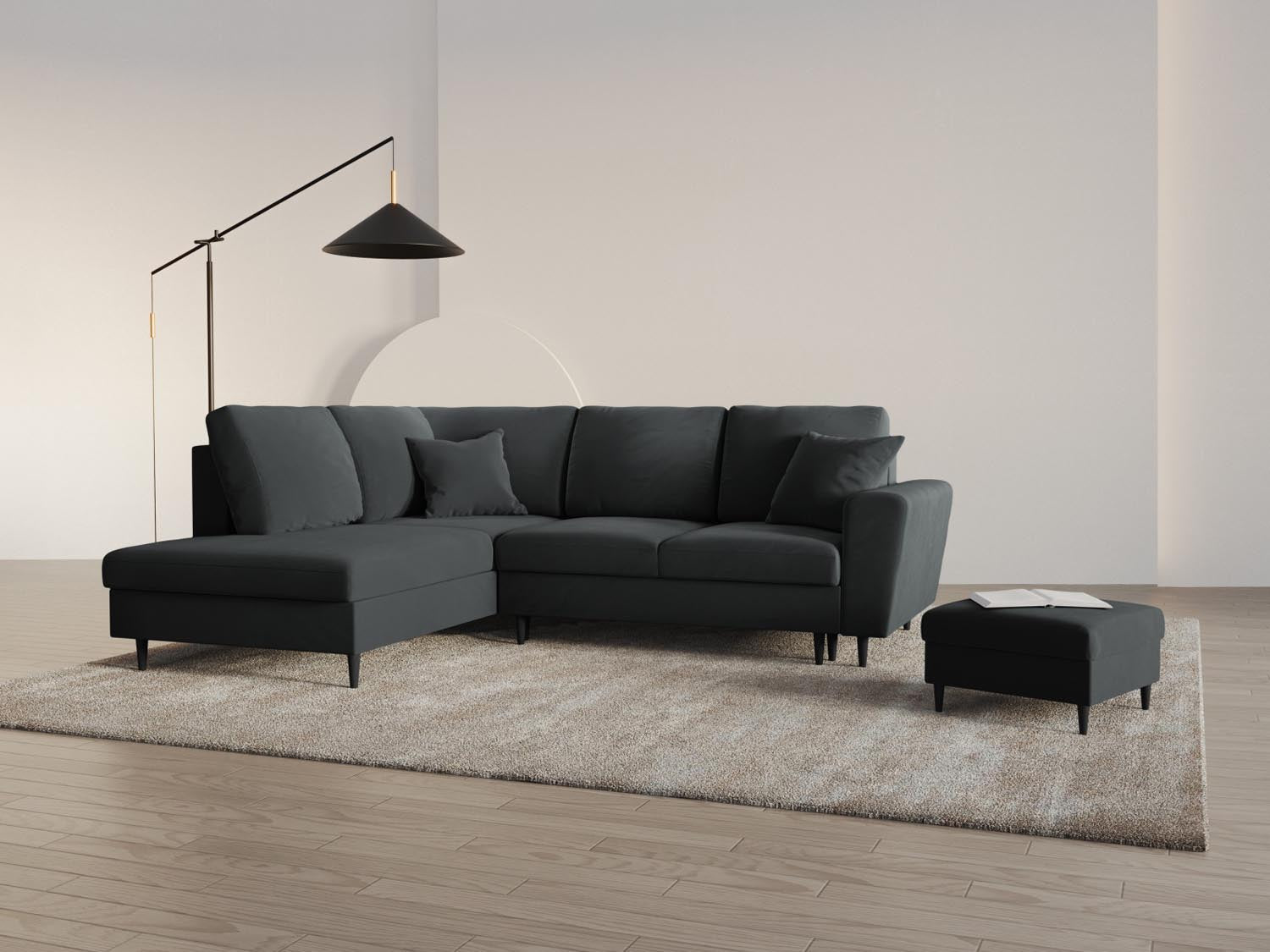 Stylisches Kyoto Velour Ecksofa links in Dunkelgrau mit Schlaffunktion und Stauraum, ideal für moderne Wohnräume.