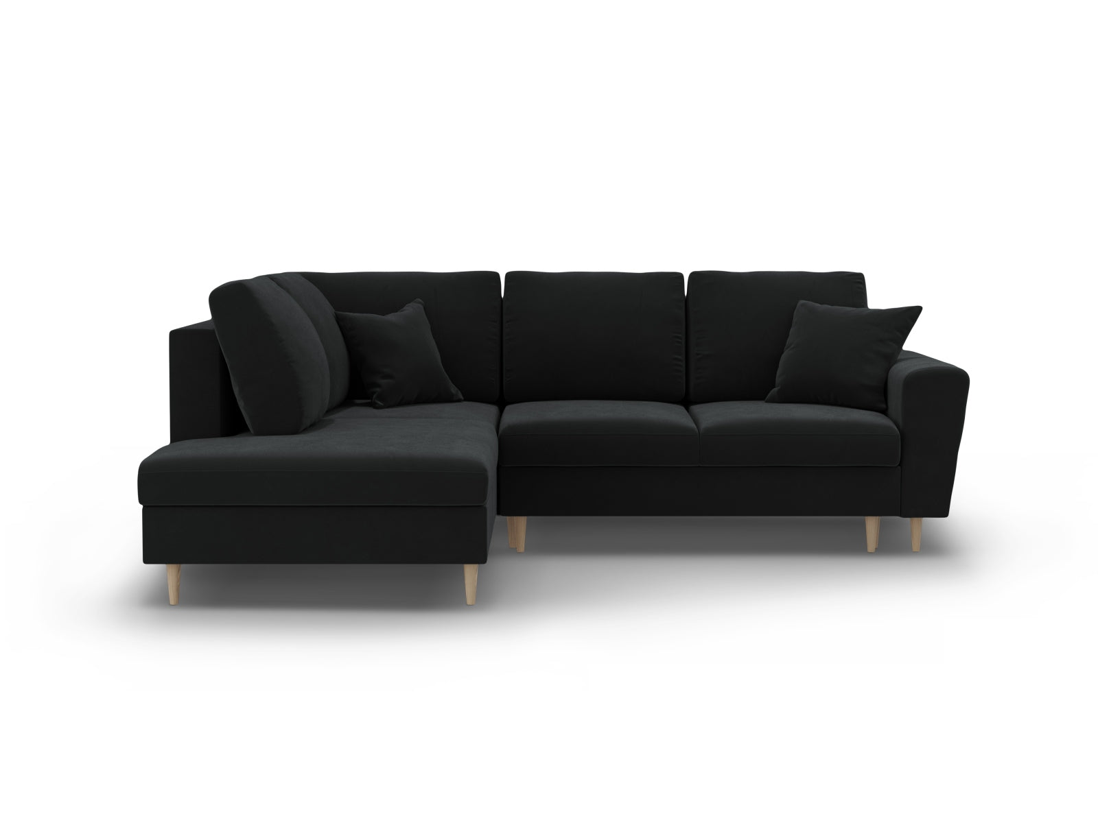 Kyoto Velour Ecksofa links mit Schlaffunktion und Stauraumbox 5 Sitzer 194cm in Black/Birke-Riviera präsentiert im Onlineshop von KAQTU Design AG. Bettsofa links ist von Cosmopolitan Design