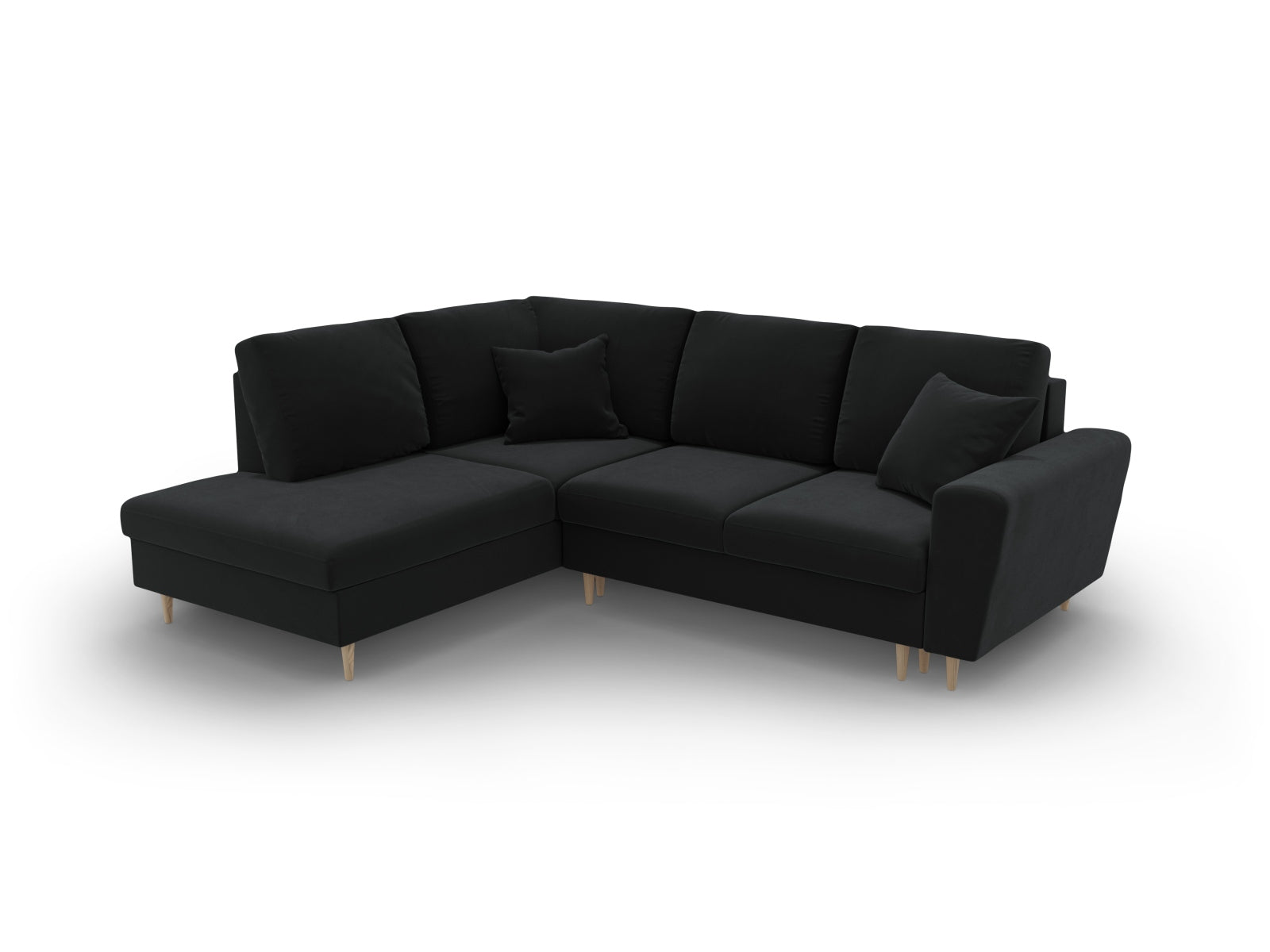 Modernes Kyoto Velour Ecksofa links in edlem Schwarz, 5-Sitzer mit Schlafoption und Stauraum, perfekt für stilvolle Wohnräume.