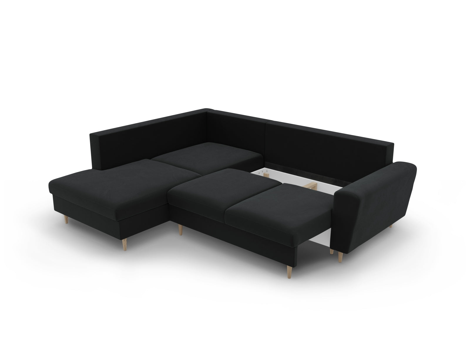 Elegantes Kyoto Velour Ecksofa links in Schwarz, 5-Sitzer mit praktischer Schlaffunktion und Stauraum, ideal für gemütliche Abende.