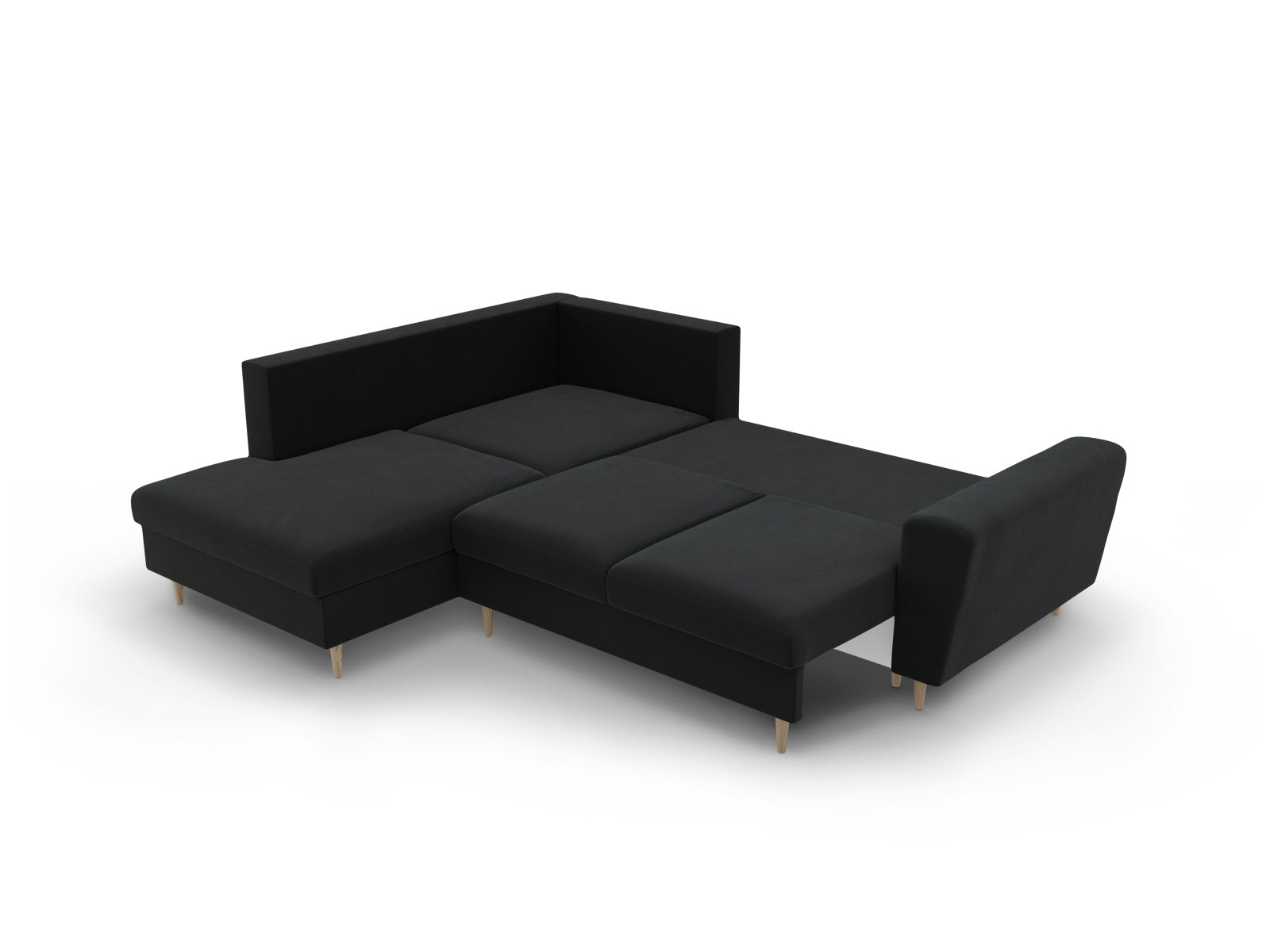 Stylisches Kyoto Velour Ecksofa links in edlem Schwarz, 5-Sitzer mit cleverer Schlaffunktion und integriertem Stauraum für zusätzlichen Komfort.