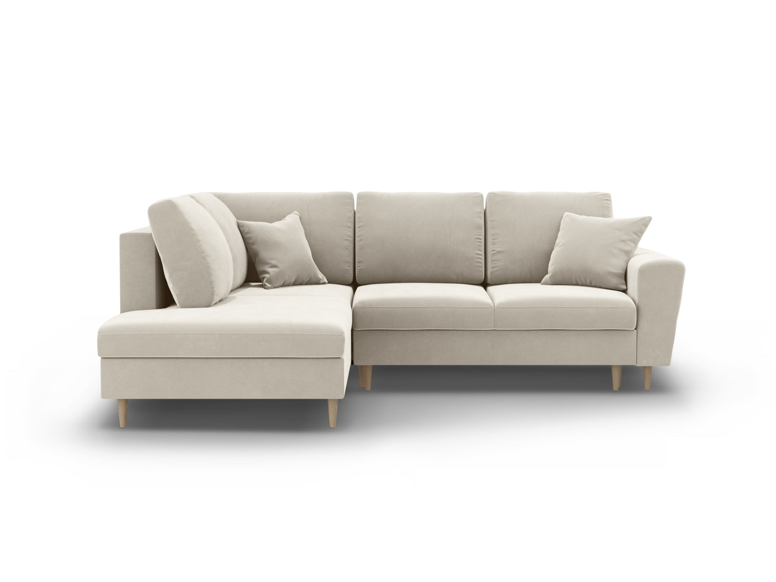 Kyoto Velour Ecksofa links mit Schlaffunktion und Stauraumbox 5 Sitzer 194cm in Light Beige/Birke-Riviera präsentiert im Onlineshop von KAQTU Design AG. Bettsofa links ist von Cosmopolitan Design
