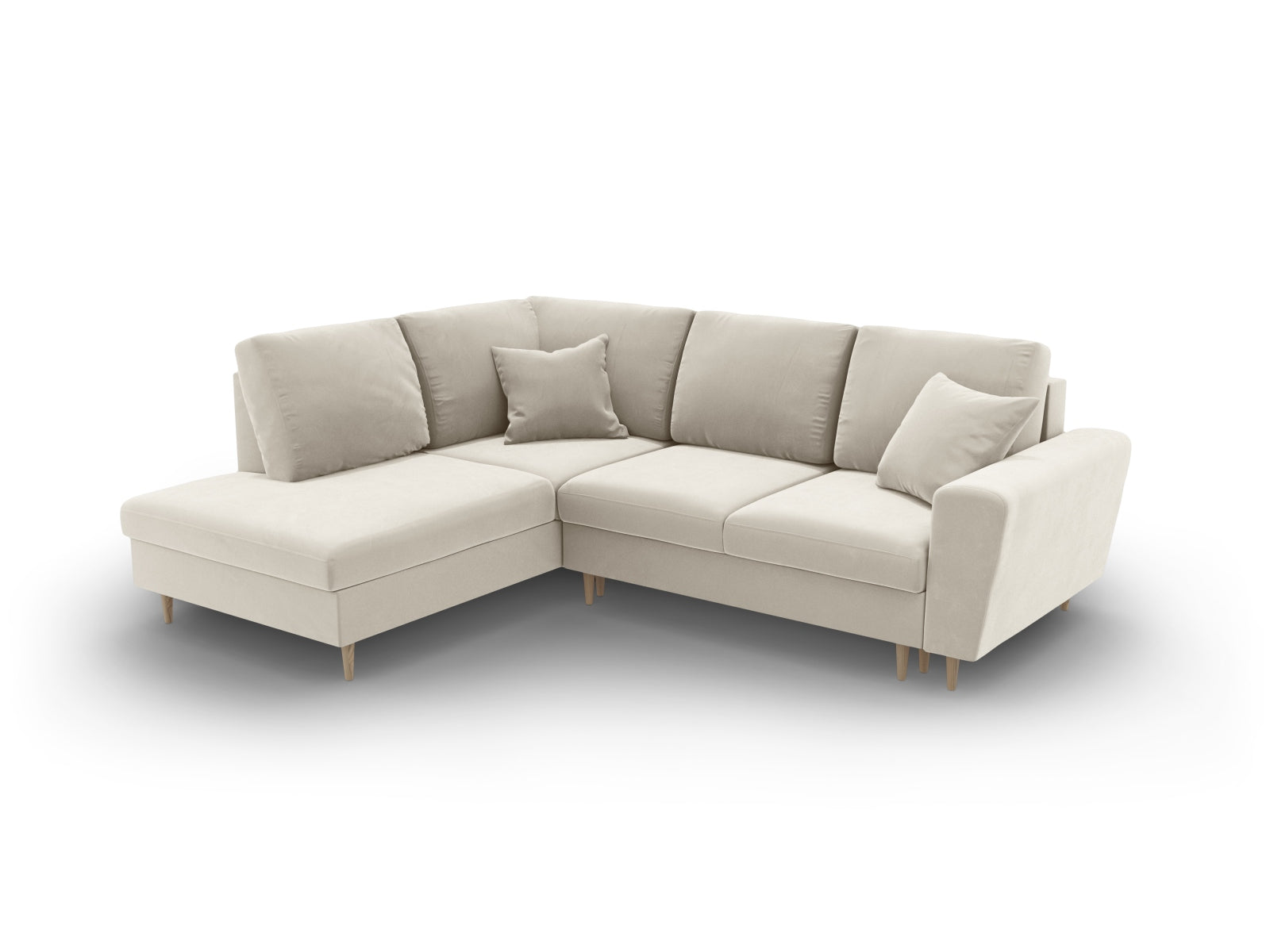 Elegantes Kyoto Velour Ecksofa links in hellem Beige, 5-Sitzer mit praktischer Schlaffunktion und Stauraum, perfekt für stilvolle Wohnzimmer.