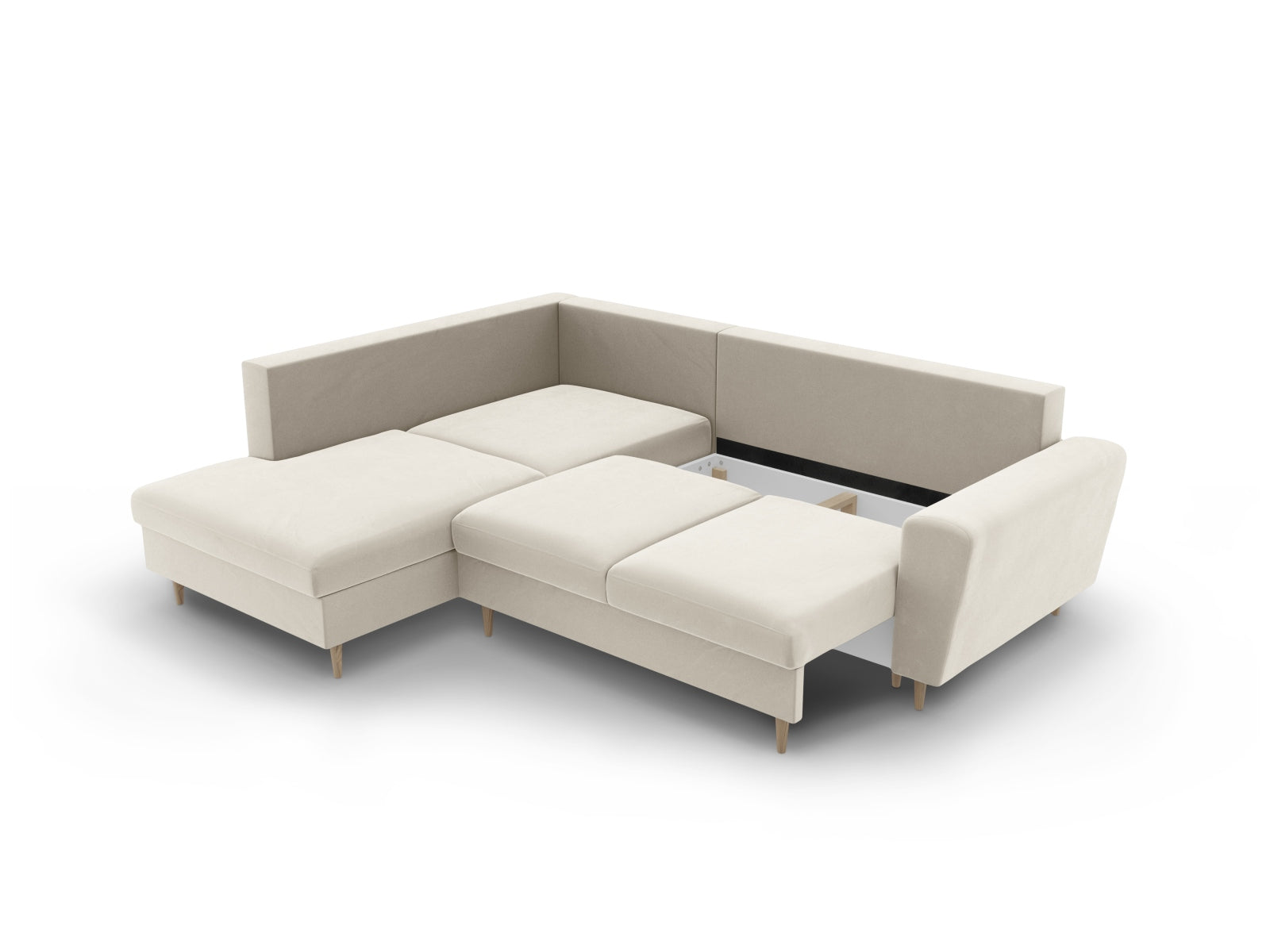 Beiges Kyoto Velour Ecksofa links, 5-Sitzer mit Schlaffunktion und Stauraum, ideal für moderne Wohnräume und gemütliche Abende.