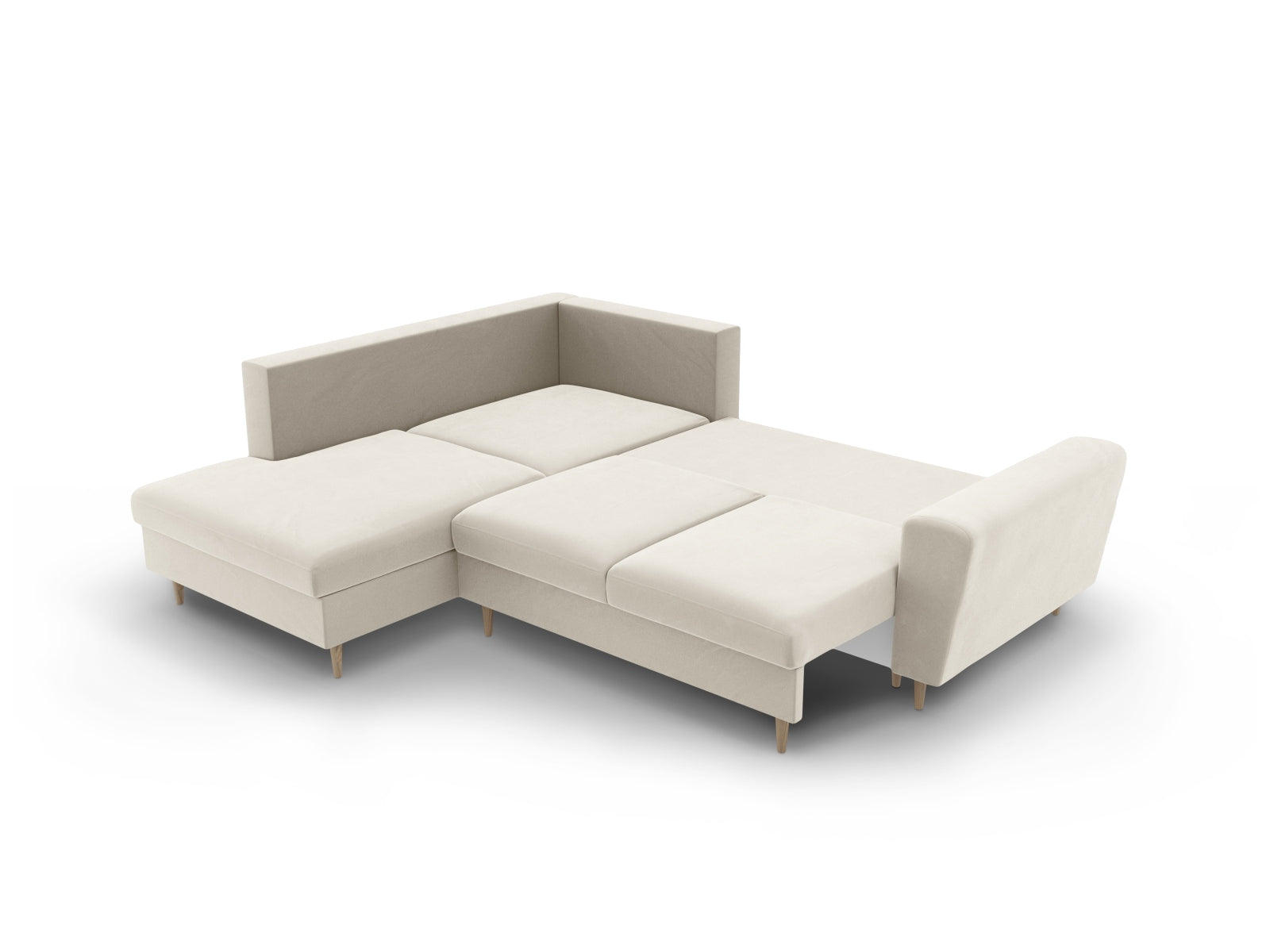Elegantes Kyoto Velour Ecksofa links, 5-Sitzer mit praktischer Schlaffunktion und Stauraum, perfekt für stilvolle und funktionale Wohnräume.