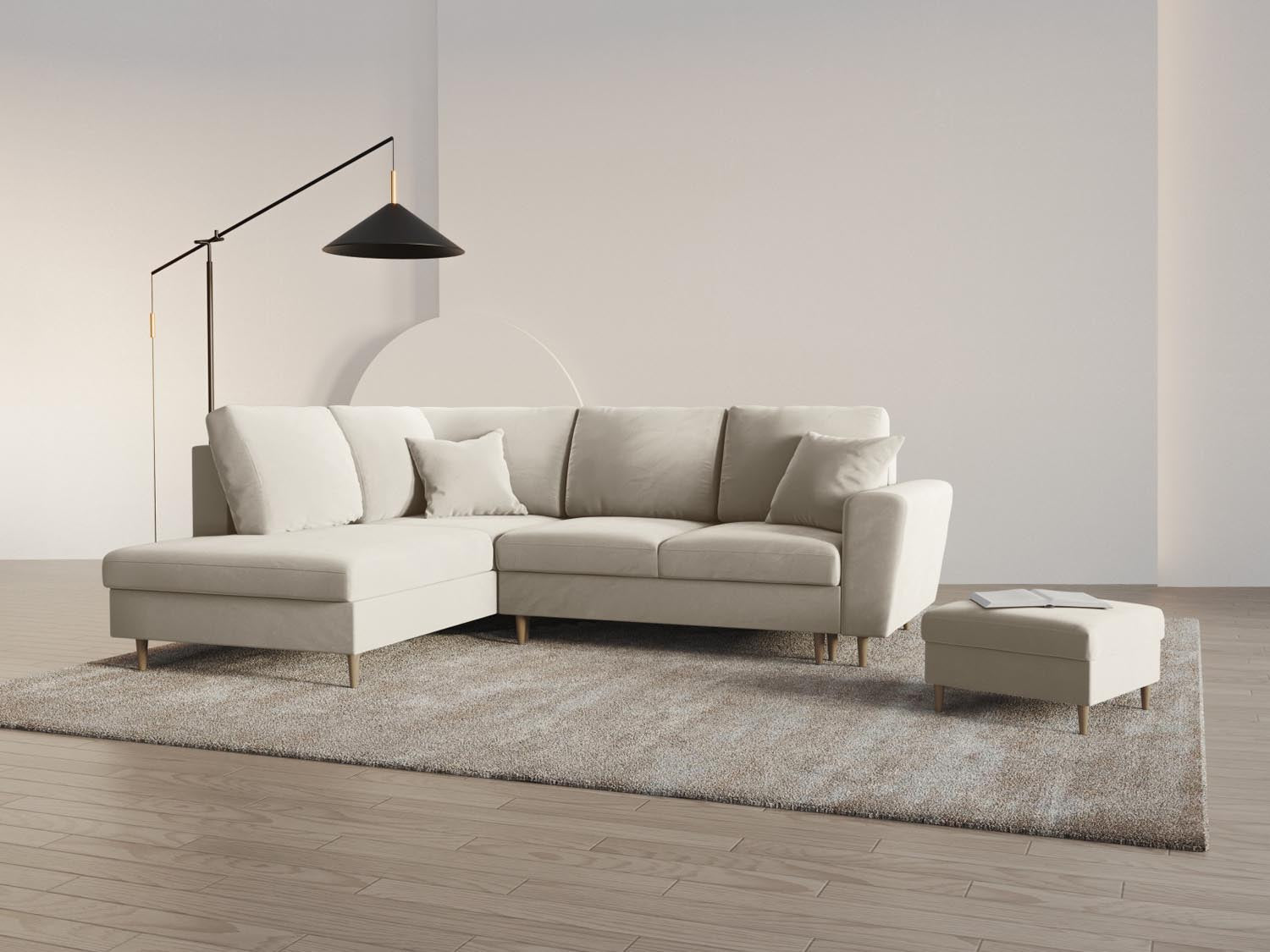 Stylisches Kyoto Velour Ecksofa links in Light Beige, 5-Sitzer mit Schlaffunktion und Stauraum, ideal für moderne Wohnräume.
