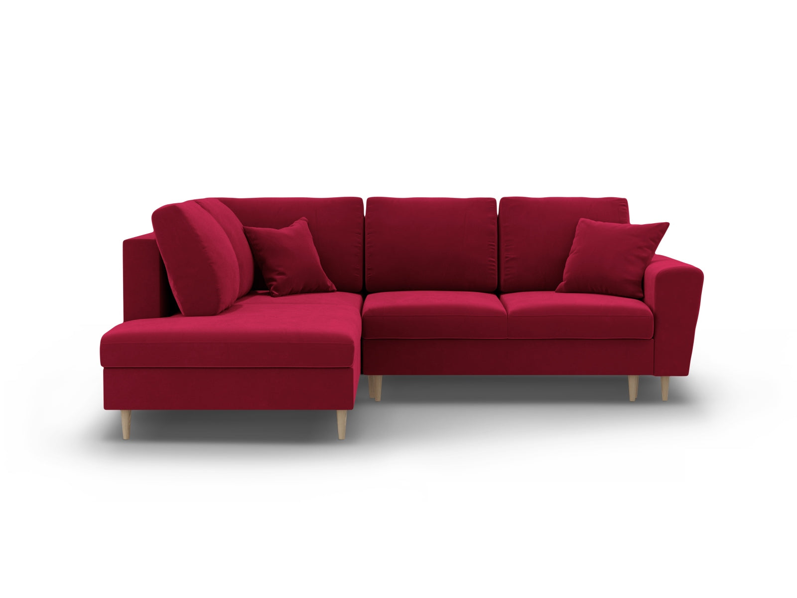 Kyoto Velour Ecksofa links mit Schlaffunktion und Stauraumbox 5 Sitzer 194cm in Red/Birke-Riviera präsentiert im Onlineshop von KAQTU Design AG. Bettsofa links ist von Cosmopolitan Design