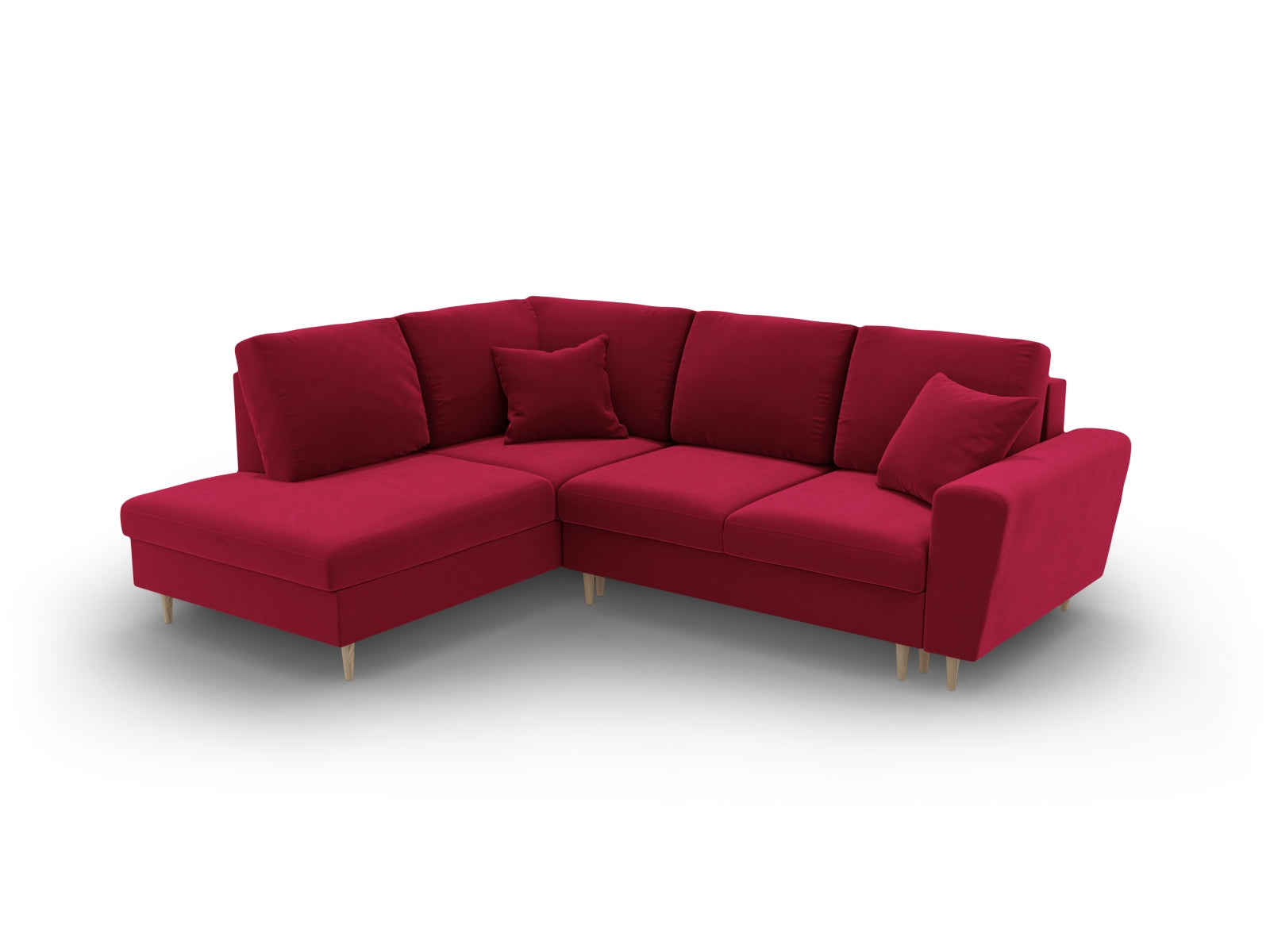 Modernes rotes Kyoto Velour Ecksofa links mit Schlaffunktion und Stauraum, perfekt für gemütliche Abende und platzsparende Lösungen.