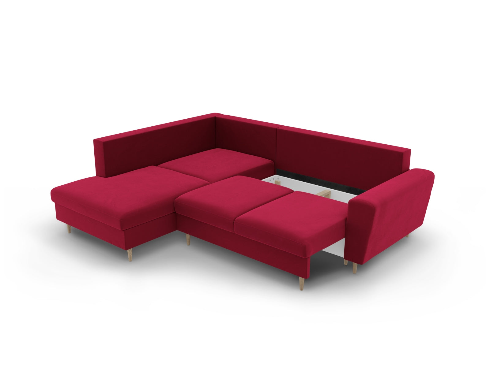 Stylisches Kyoto Velour Ecksofa links in Rot, 5-Sitzer mit Schlaffunktion und Stauraum, ideal für kleine Räume und entspannte Stunden.