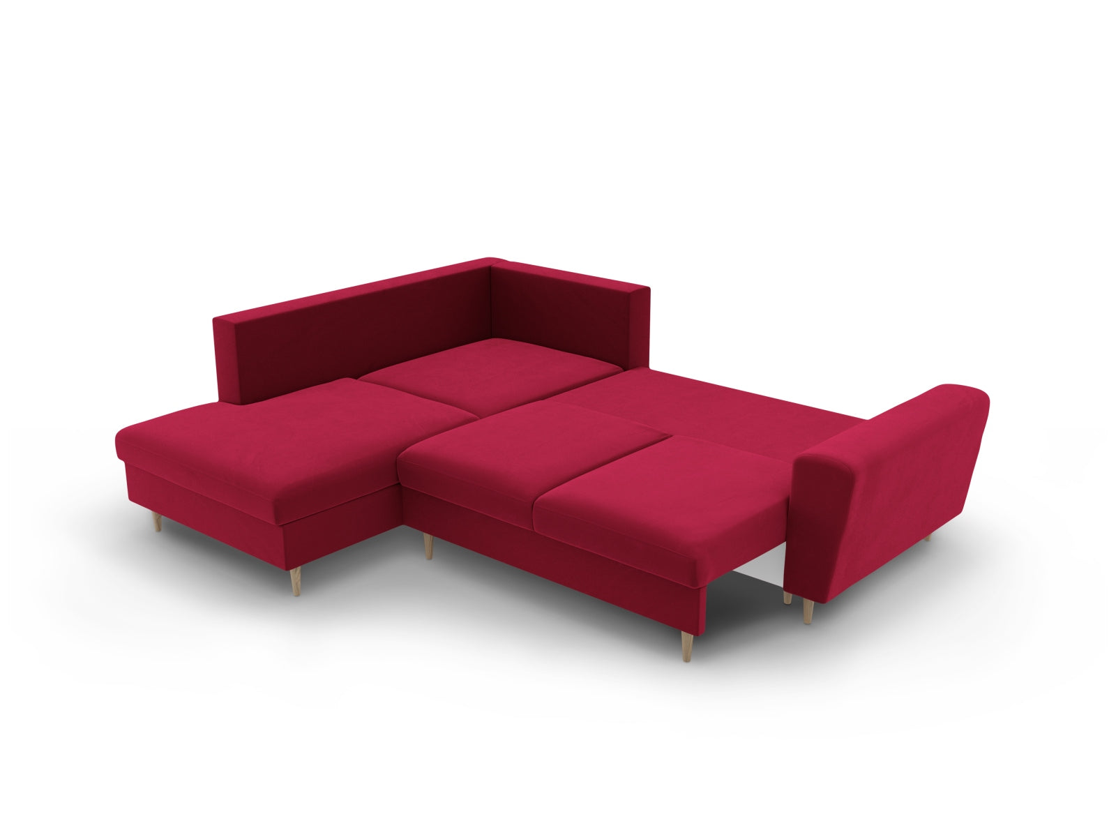 Elegantes rotes Kyoto Velour Ecksofa links, 5-Sitzer mit praktischer Schlaffunktion und Stauraum, perfekt für gemütliche Abende.