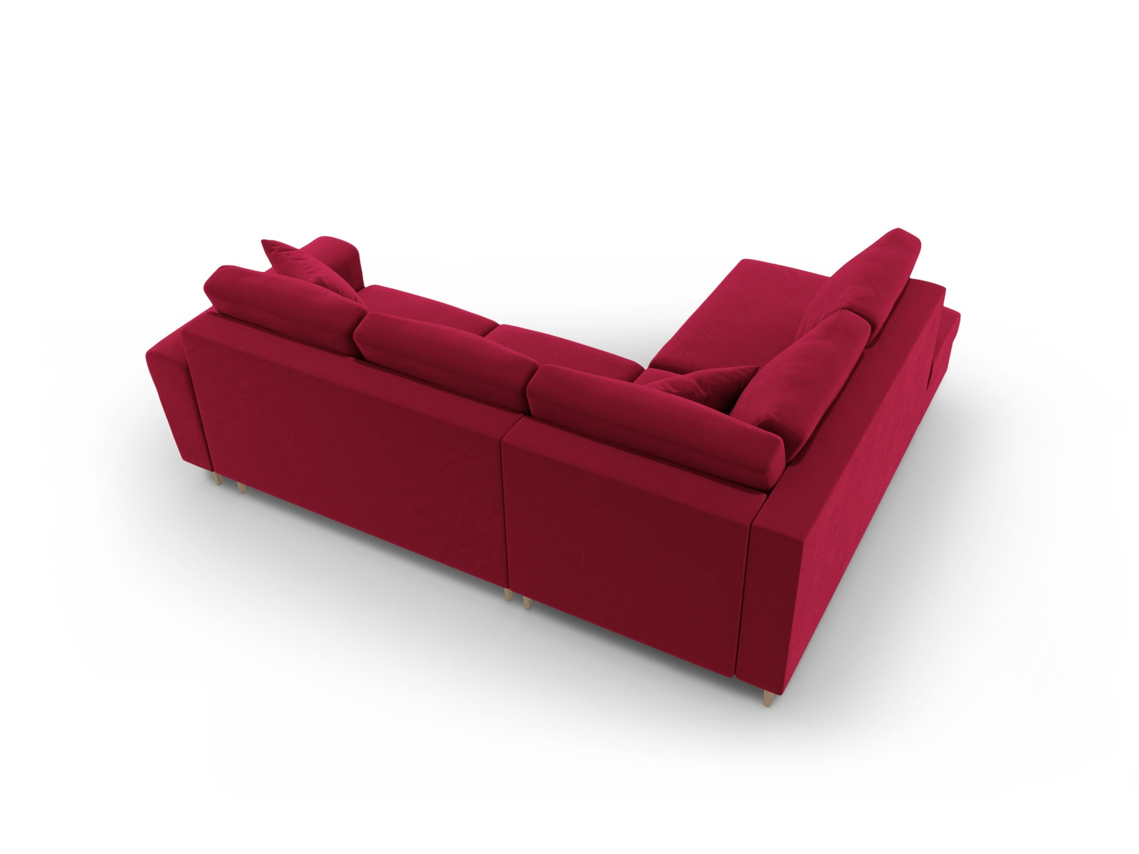 Stylisches Kyoto Velour Ecksofa links in Rot, 5-Sitzer mit Schlaffunktion und Stauraum, ideal für entspannte Stunden und Gäste.