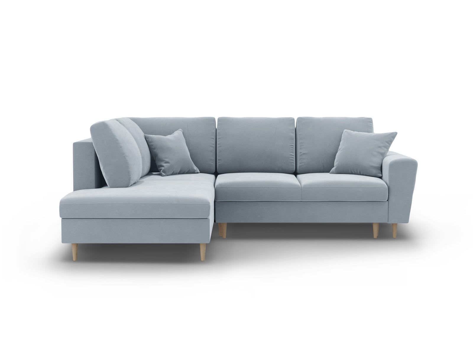 Kyoto Velour Ecksofa links mit Schlaffunktion und Stauraumbox 5 Sitzer 194cm in Light Blue/Birke-Riviera präsentiert im Onlineshop von KAQTU Design AG. Bettsofa links ist von Cosmopolitan Design