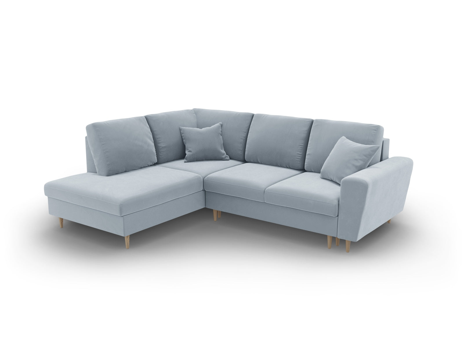 Elegantes Kyoto Velour Ecksofa in sanftem Hellblau, 5-Sitzer mit praktischer Schlaffunktion und integriertem Stauraum, perfekt für stilvolle Wohnzimmer.