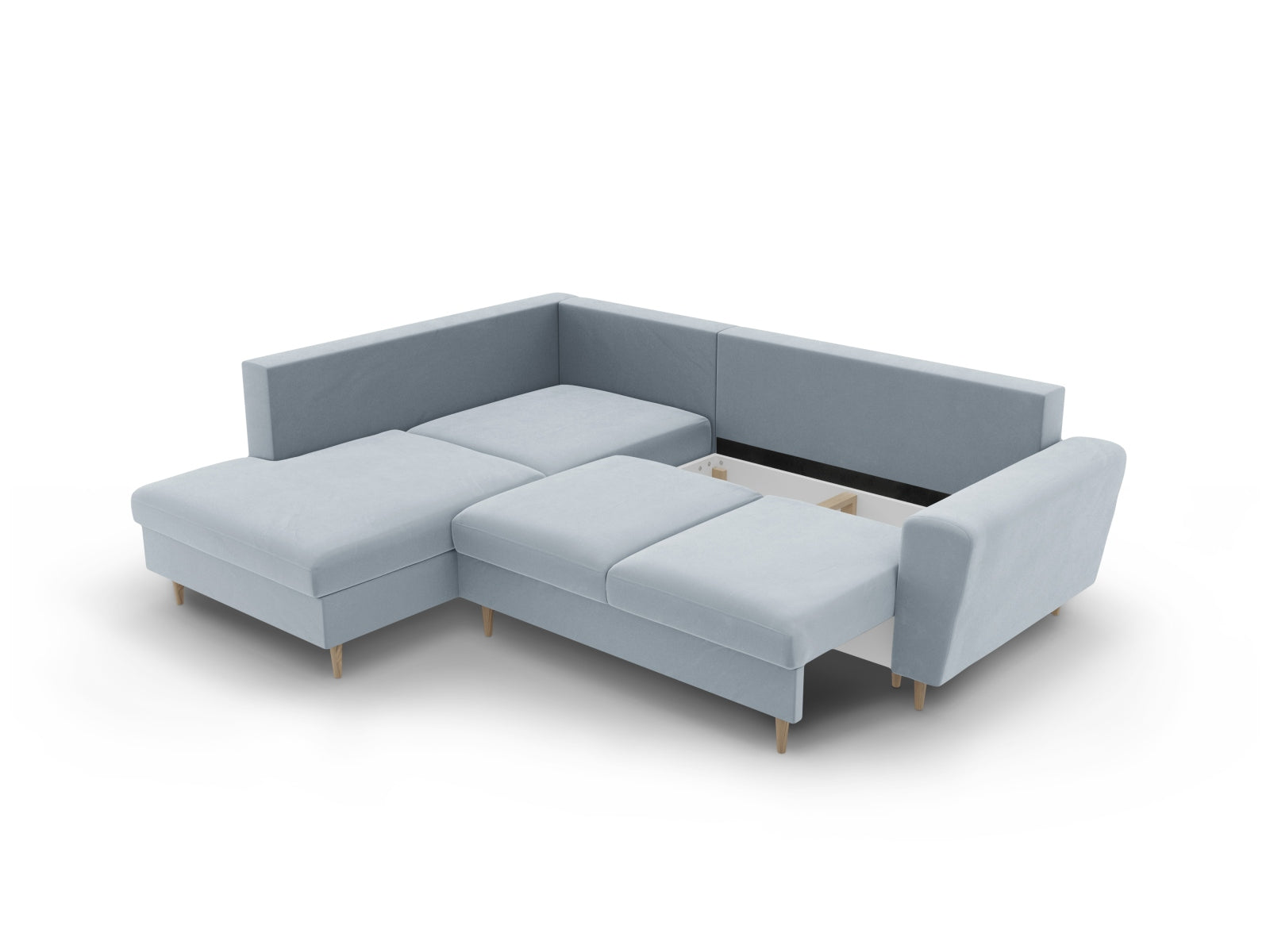 Stylisches Kyoto Velour Ecksofa in zartem Hellblau, 5-Sitzer mit Schlaffunktion und Stauraum, ideal für moderne Wohnräume.