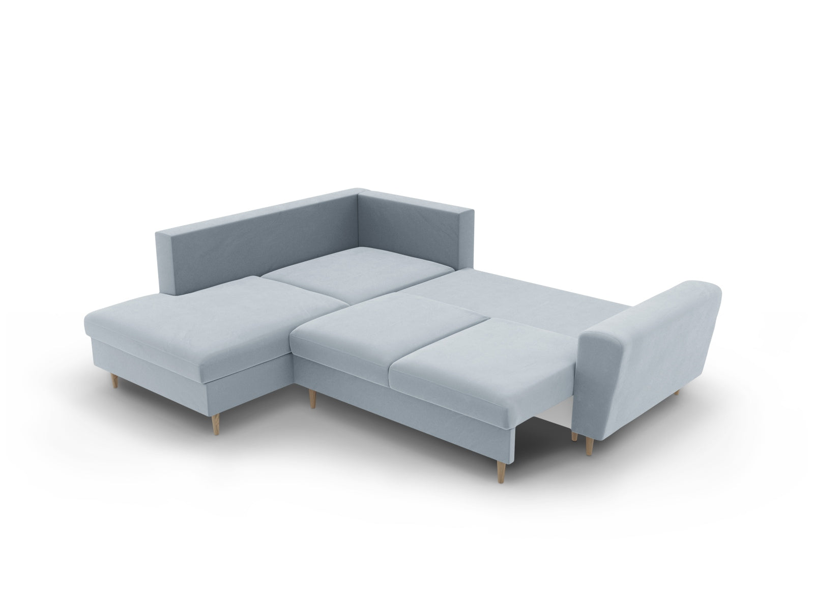 Elegantes Kyoto Velour Ecksofa in sanftem Hellblau, 5-Sitzer mit praktischer Schlaffunktion und Stauraum, perfekt für stilvolle Wohnzimmer.