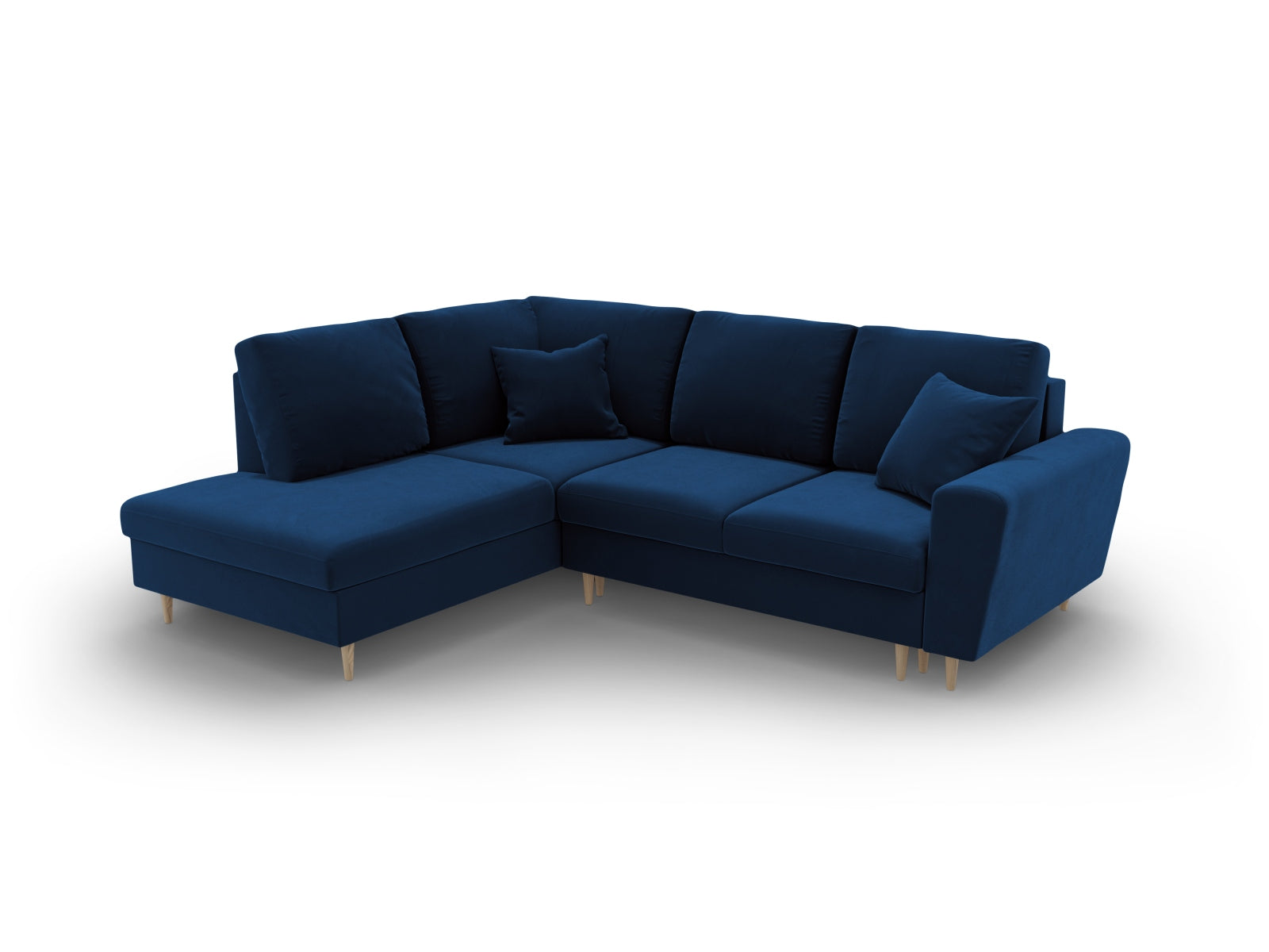 Stylisches Kyoto Velour Ecksofa in Royal Blue, linksseitig, 5-Sitzer mit praktischer Schlaffunktion und Stauraum für modernen Komfort.