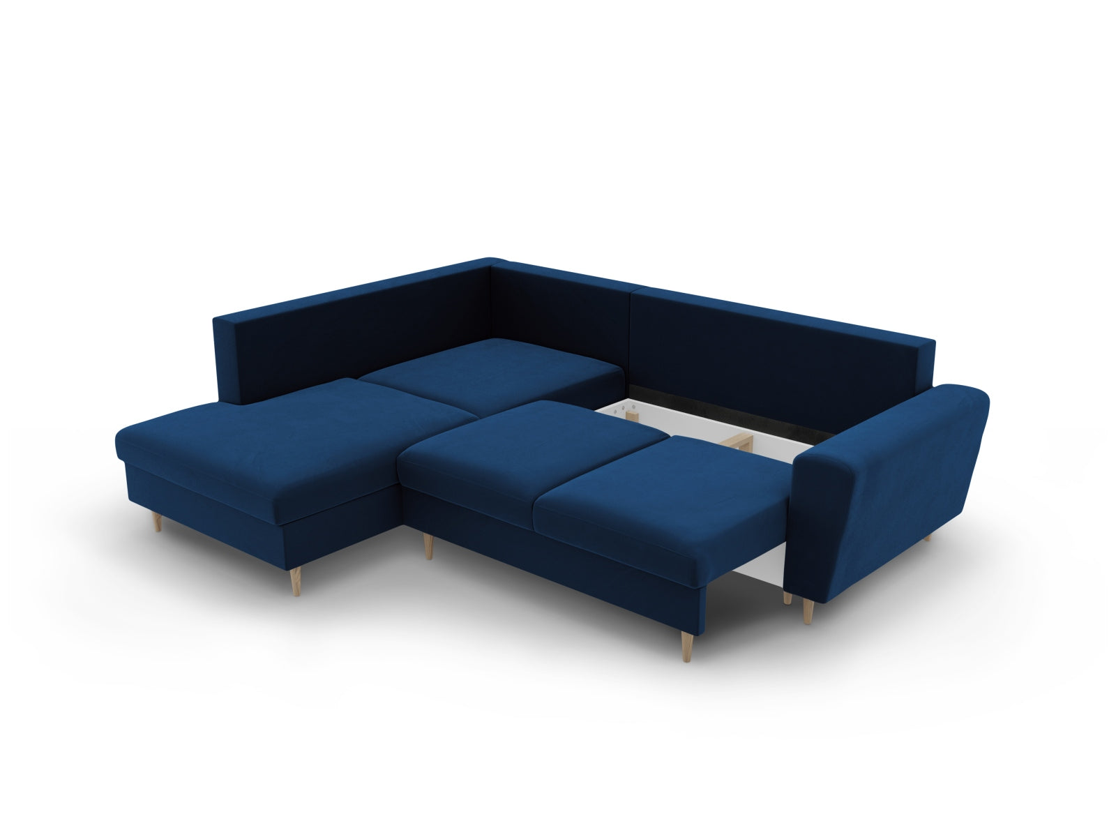 Elegantes Kyoto Velour Ecksofa in Royal Blue, linksseitig, 5-Sitzer mit integrierter Schlaffunktion und Stauraum für vielseitige Nutzung.