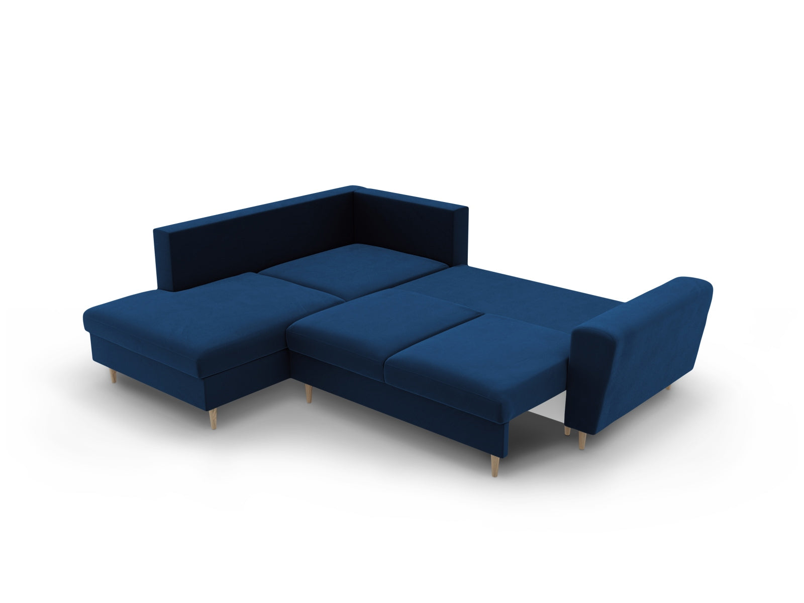 Stylisches Kyoto Velour Ecksofa in Royal Blue, linksseitig, 5-Sitzer mit praktischer Schlaffunktion und Stauraum für zusätzlichen Komfort.