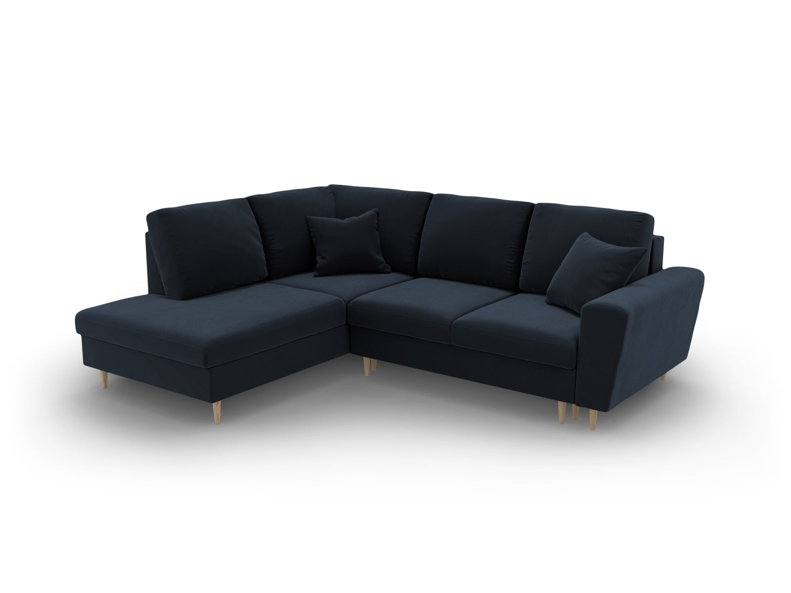 Modernes Kyoto Velour Ecksofa in Dunkelblau, 5-Sitzer mit praktischer Schlaffunktion und Stauraum, perfekt für gemütliche Abende.