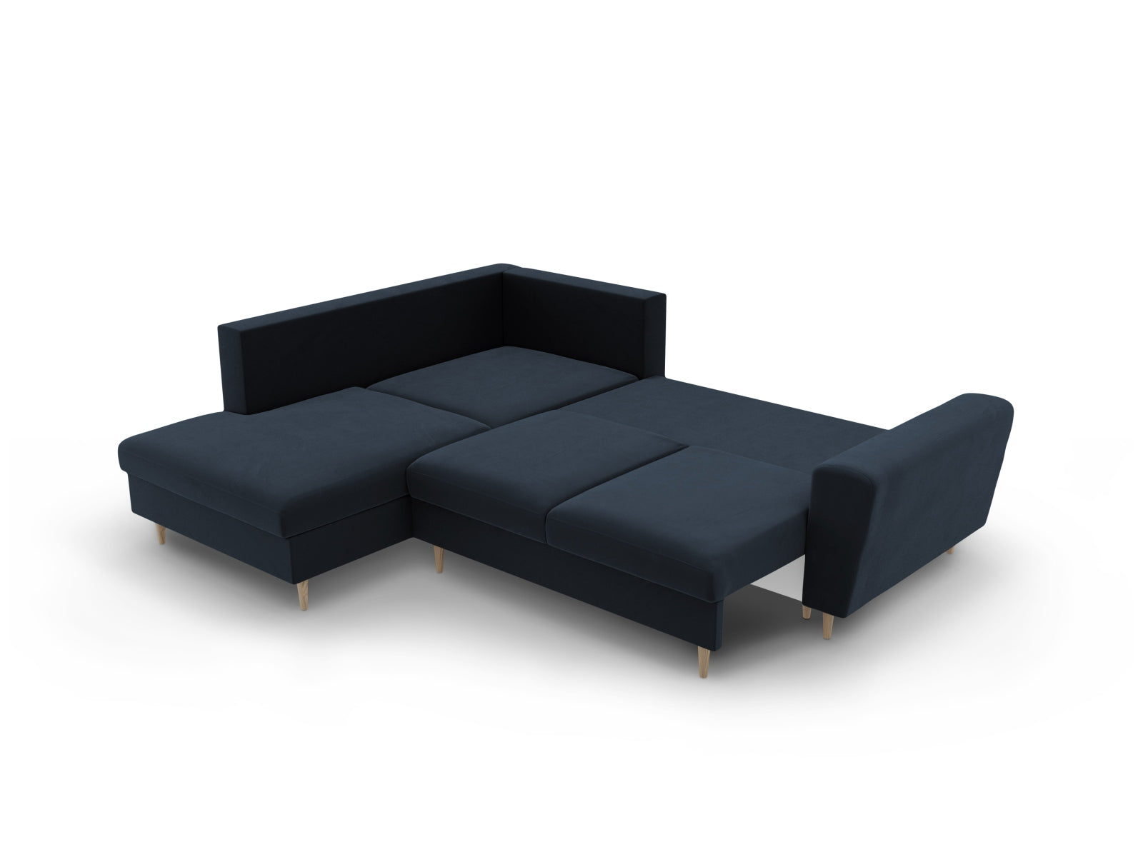 Elegantes dunkelblaues Ecksofa Kyoto aus Velours, 5-Sitzer mit praktischer Schlaffunktion und Stauraum, perfekt für jedes Wohnzimmer.
