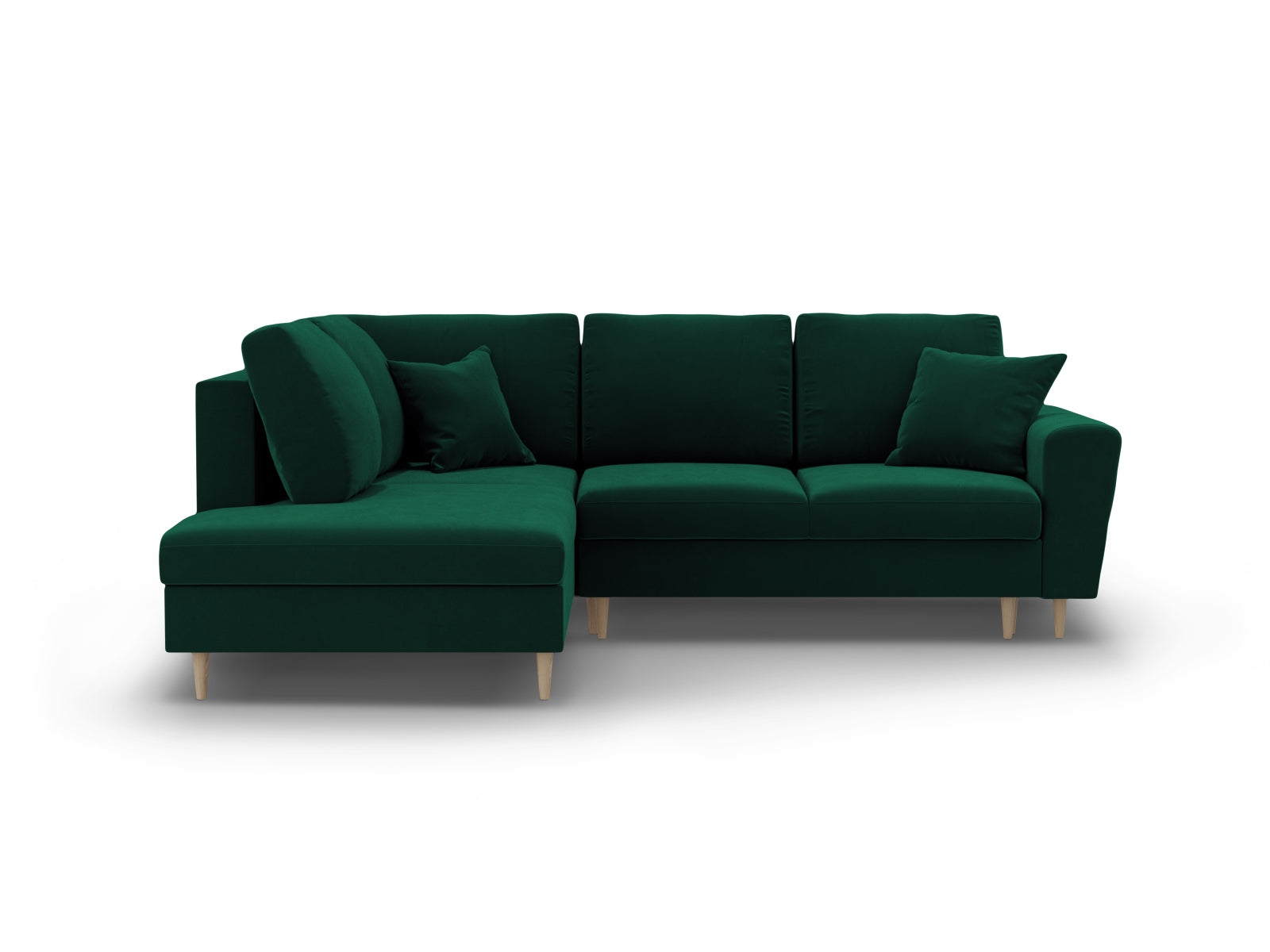 Kyoto Velour Ecksofa links mit Schlaffunktion und Stauraumbox 5 Sitzer 194cm in Bottle Green/Birke-Riviera präsentiert im Onlineshop von KAQTU Design AG. Bettsofa links ist von Cosmopolitan Design