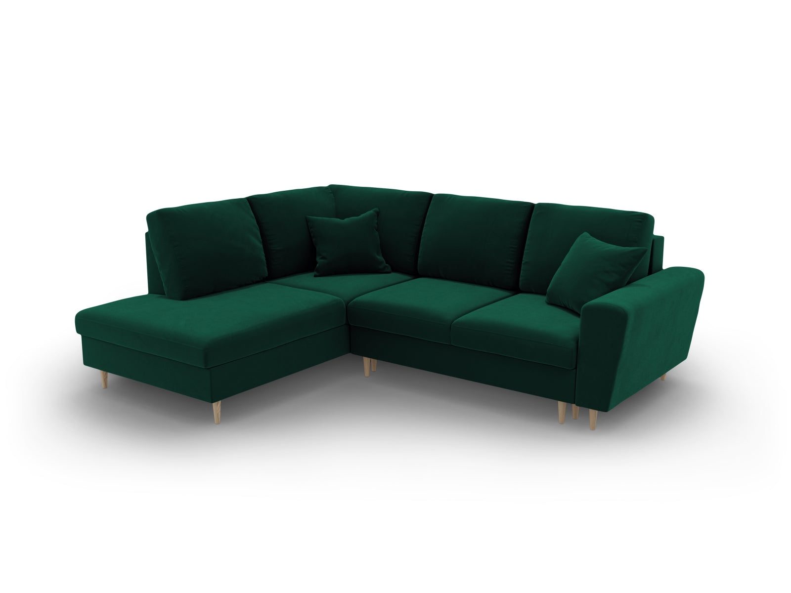 Stylisches Kyoto Velour Ecksofa in tiefem Grün, 5-Sitzer mit praktischer Schlaffunktion und integriertem Stauraum für moderne Wohnkonzepte.