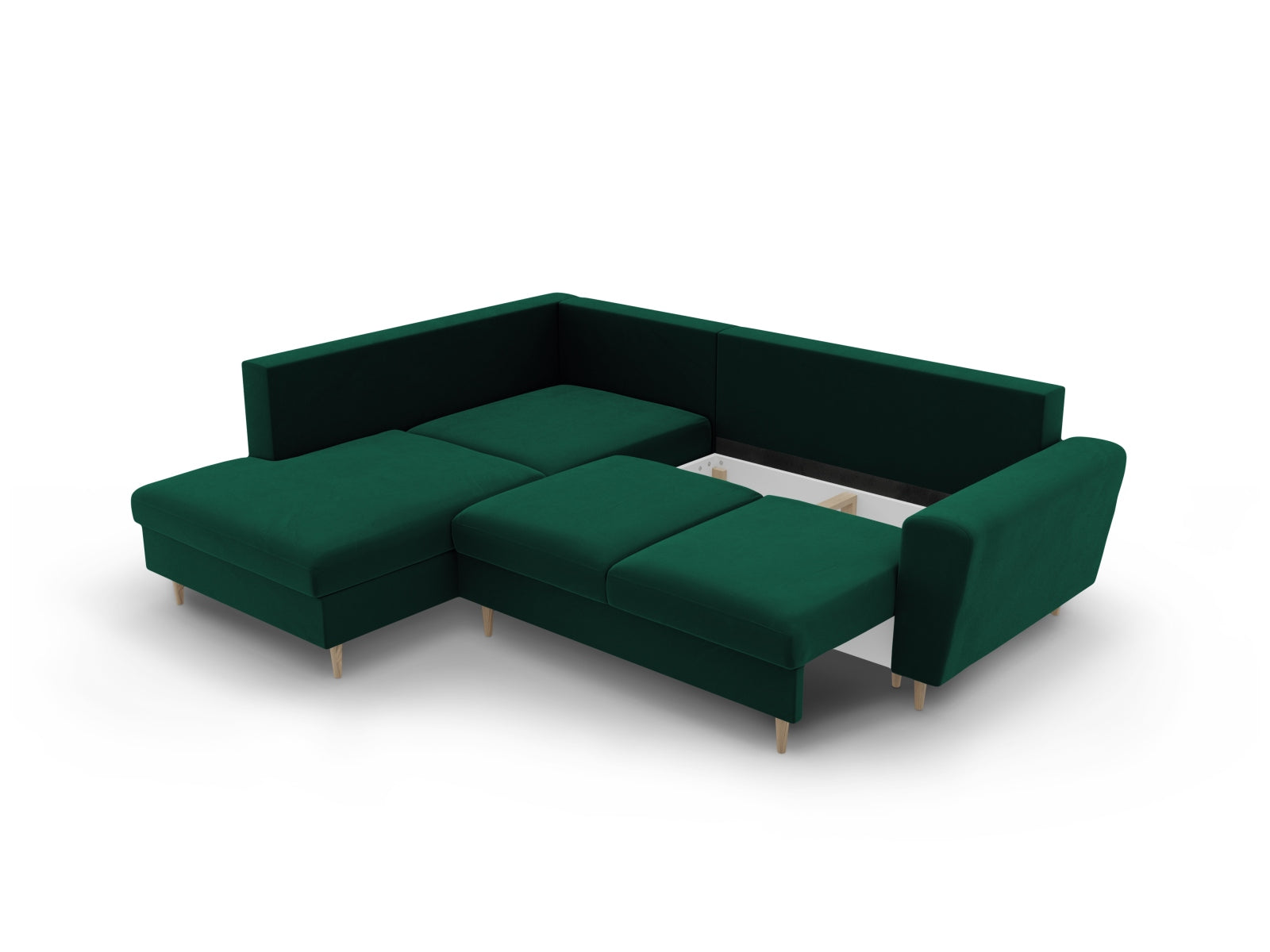 Elegantes Kyoto Velour Ecksofa in sattem Grün, 5-Sitzer mit Schlafoption und Stauraum, ideal für stilvolle und funktionale Wohnräume.