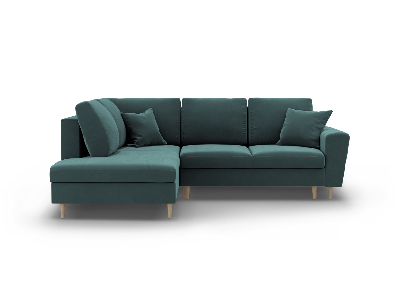 Kyoto Velour Ecksofa links mit Schlaffunktion und Stauraumbox 5 Sitzer 194cm in Petrol/Birke-Riviera präsentiert im Onlineshop von KAQTU Design AG. Bettsofa links ist von Cosmopolitan Design