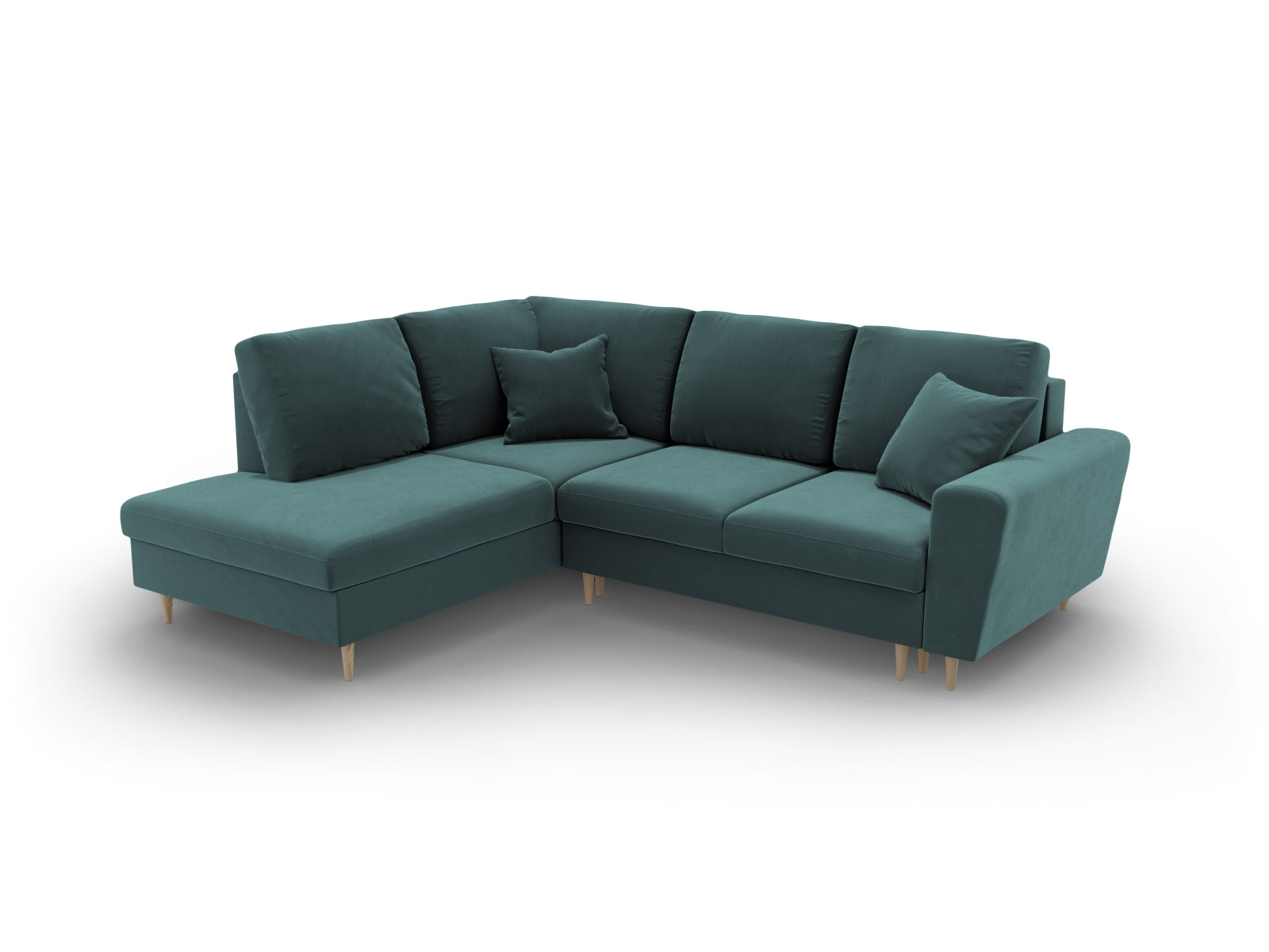 Elegantes Kyoto Velour Ecksofa links in Petrol, 5-Sitzer mit Schlaffunktion und Stauraum, perfekt für stilvolle und funktionale Wohnräume.